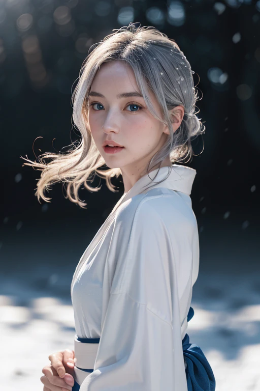 A beautiful woman, kimono that does not expose much of her skin.,(((In the moonlight of a blizzard, a woman looking good in a kimono with Japanese pattern,Floral scrunchie.))),Full-body photography from the ceiling,best image quality,professional angle of view,Exceptional detail,Super high resolution,realistic:1.4),high detail,focus on details,1girl concentrated in high concentration,long hair,delicate and beautiful face,The best smile with raised eyebrows and corners of the mouth,((glowing glass eyes)),
