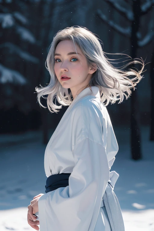 A beautiful woman, kimono that does not expose much of her skin.,(((In the moonlight of a blizzard, a woman looking good in a kimono with Japanese pattern,Floral scrunchie.))),Full-body photography from the ceiling,best image quality,professional angle of view,Exceptional detail,Super high resolution,realistic:1.4),high detail,focus on details,1girl concentrated in high concentration,long hair,delicate and beautiful face,The best smile with raised eyebrows and corners of the mouth,((glowing glass eyes)),
