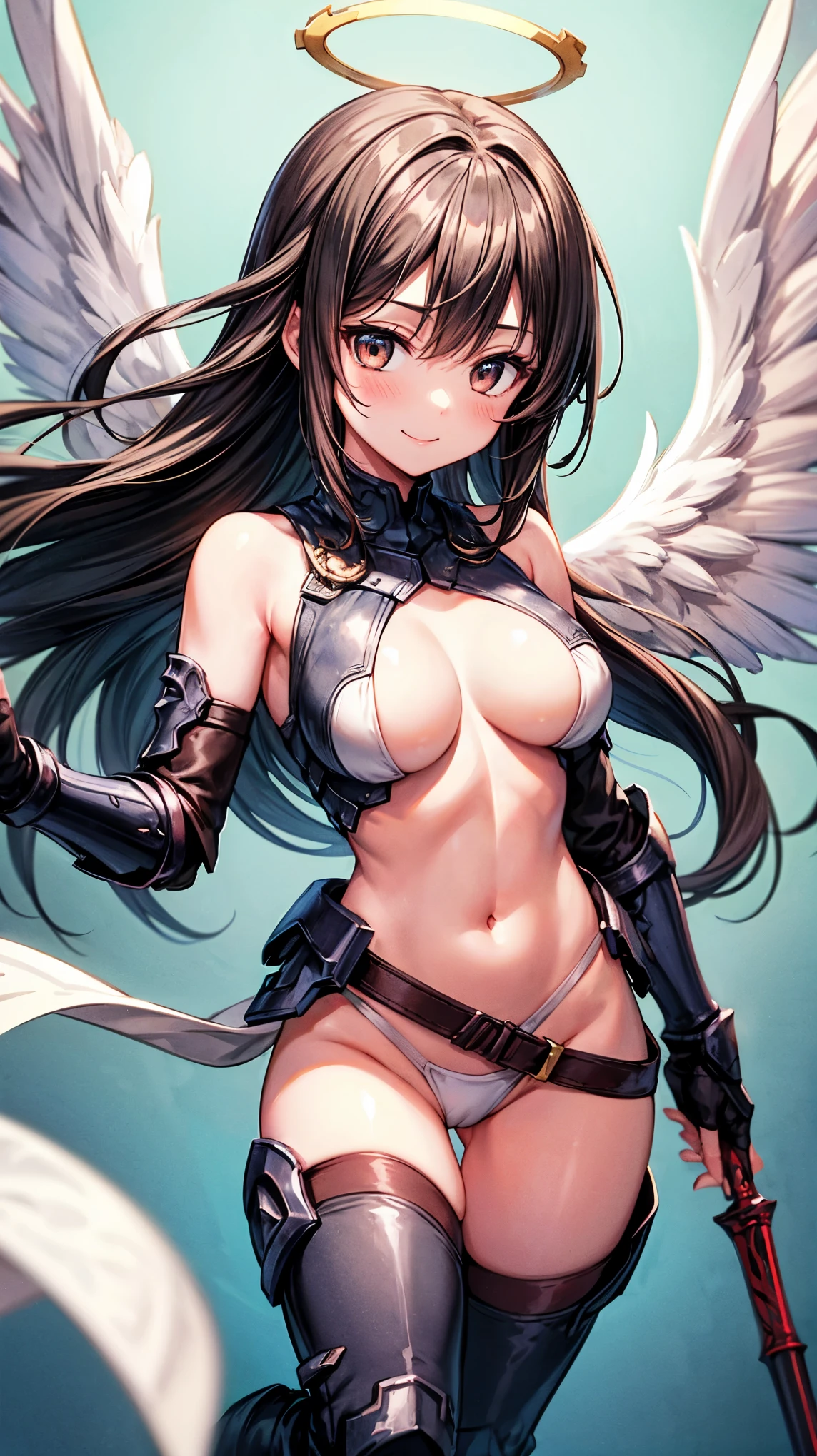 fantasy, 1angel_girl,(young_teen:1.5), ,brown_hair, medium_bob_hair, long_bangs, halo,bare_shoulder,thighhighs,silver_armor, waist_armor, large_breasts,1pair_wings, dynamic_pose_fighting,floating, bare_crotch, headgear,gauntlet, greaves,city_landscape_background,slightly_spread_legs, solo, groin_naked,smile