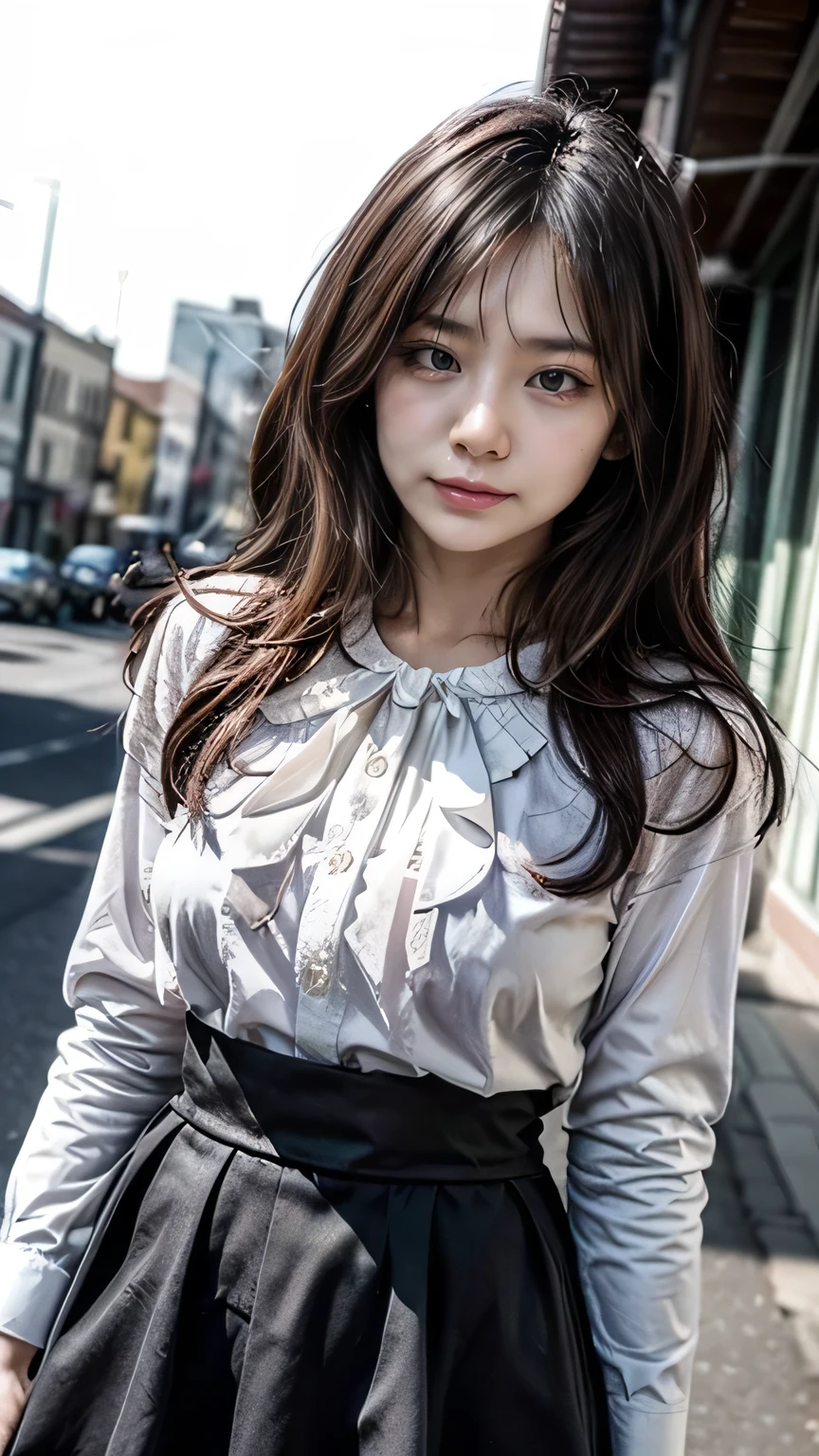 (Realistic、Like a photograph、Live Action、8k, Realistic, RAW Photos, Best image quality: 1.4), Single-lens reflex camera、RAW Photos, Highest quality, Realistic, Highly detailed CG Unity 8k wallpaper, Written boundary depth, Cinematic Light, Lens flare, Ray Tracing, Realistic background、A landmine girl waiting for someone、((Wearing a white blouse:1.4)、((Wear a frilly skirt:1.1)、Large Breasts))、((ultra high density skin))、 1 female,cute Japanese、Standing in front of the station, waiting for someone while looking at his smartphone、The whole body is visible:1.5、Wearing sneakers:1.1、(Long Hair:1.2、My hair flutters in the wind)、stylish ambiance、Very detailed and perfect costume、(White skin)、Precise and beautiful legs:1.1、View from below、Super detailed face