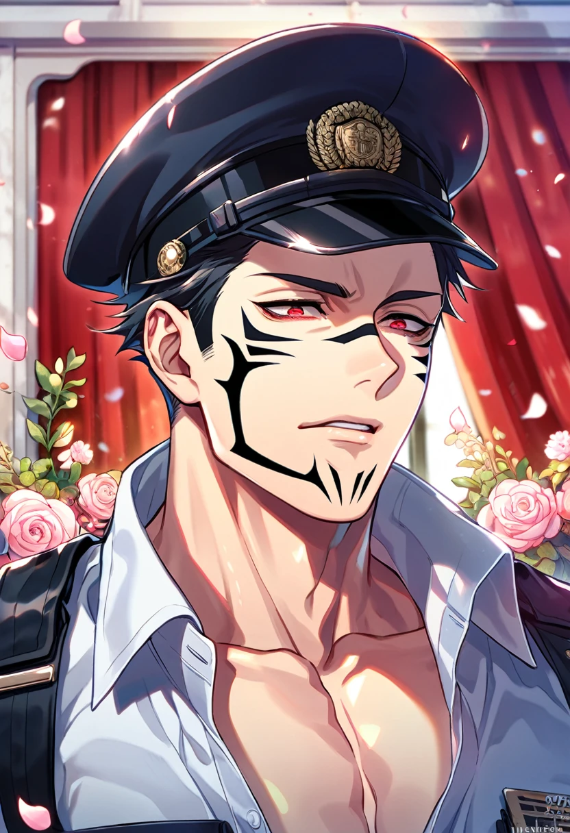 absurdres, highres, ultra detailed, HDR, master piece, best quality, Ryoumen Sukuna, black hair, expressive red eyes, Jujutsu Kaisen, solo, sexy man, handsome, horny, lewd, black police officer clothes, unbuttoned shirt, black hat, close up, fantasy, police station, window, petals, flowers, room, red curtains, Nu Carnival