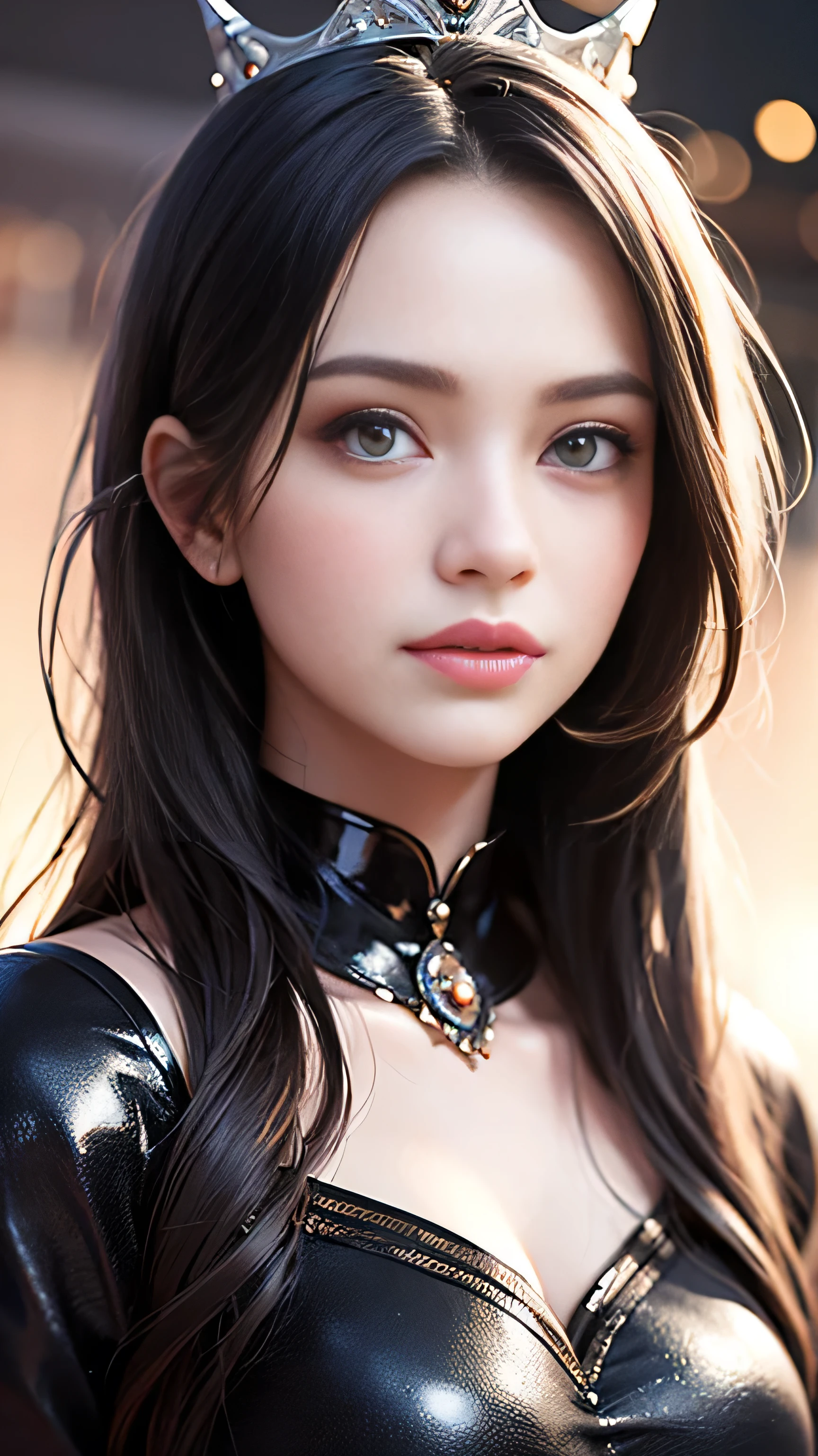 Highest quality, Best image quality, RAW Photos, Realistic, Photorealistic, Very detailed and beautiful, Best details, One Girl, good looking, Beautiful white skin and glow, Beautiful eyes are big and bright, Small mouth and thin lips, Long black hair blowing in the wind, Stylish and slim, (Beautiful big boobs:1.3), She has a bright personality and a cute smile......, Natural Makeup, Pearl Pink Lips, (Medieval Fantasy Dress、Shining Crown) Portrait of a pretty girl, A beautiful girl illuminated by rainbow lights, Iridescent colors,