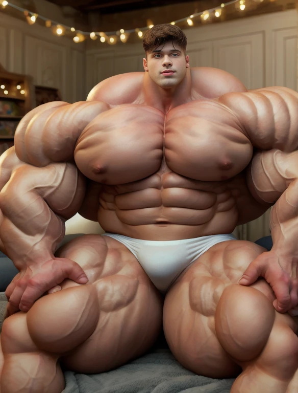 1boy, giant, giant bodybuilder, stand, warm light, strong body, bulk, large size, staring, sitting in the fairy lights room, open legs, nude, white triangular underwear, prominent bulge, extraordinary big, brutalmass, giant, muscular body, bulk, buff, massive body, large meaty body size, extremely wide body