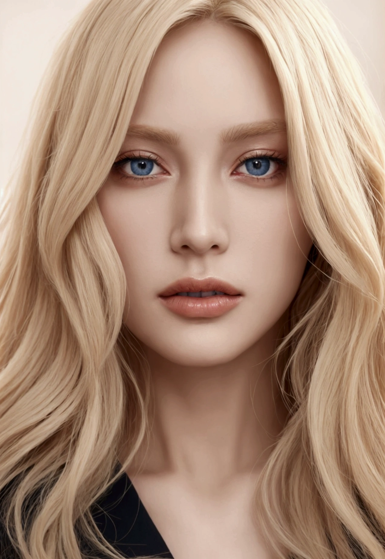 a woman with long blonde hair wearing a black dress, she has long orange-blonde hair, attractive features, wavy blonde hair, orange skin, detailed face, beautiful detailed eyes, beautiful detailed lips, extremely detailed eyes and face, long eyelashes, elegant pose, dramatic lighting, high quality, 8k, photorealistic, masterpiece, vibrant colors, dramatic lighting