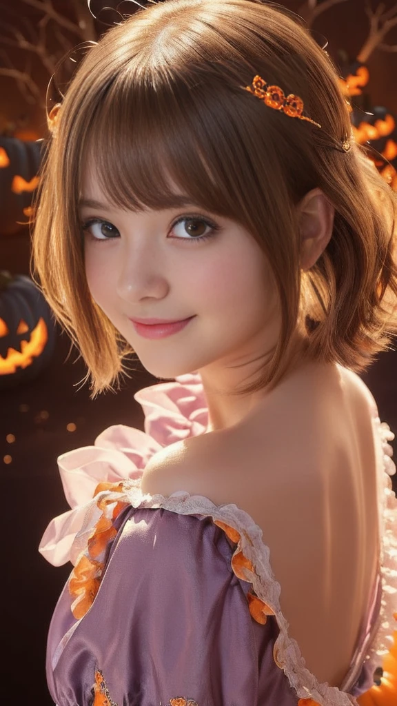 ((from below,upper body),a 25 years old girl, detailed cutie face, beautiful detailed eyes, detailed dropped eyes, beautiful charming smile, extremely detailed face,slender body,short hair,anime style, halloween costume:2.0), Highres fix,colorful lights, pumpkin decorations, haunted house, best quality, 4k, highres, masterpiece, realistic, photorealistic, photo-realistic, vivid colors, intricate details, fantasy, soft lighting, magical