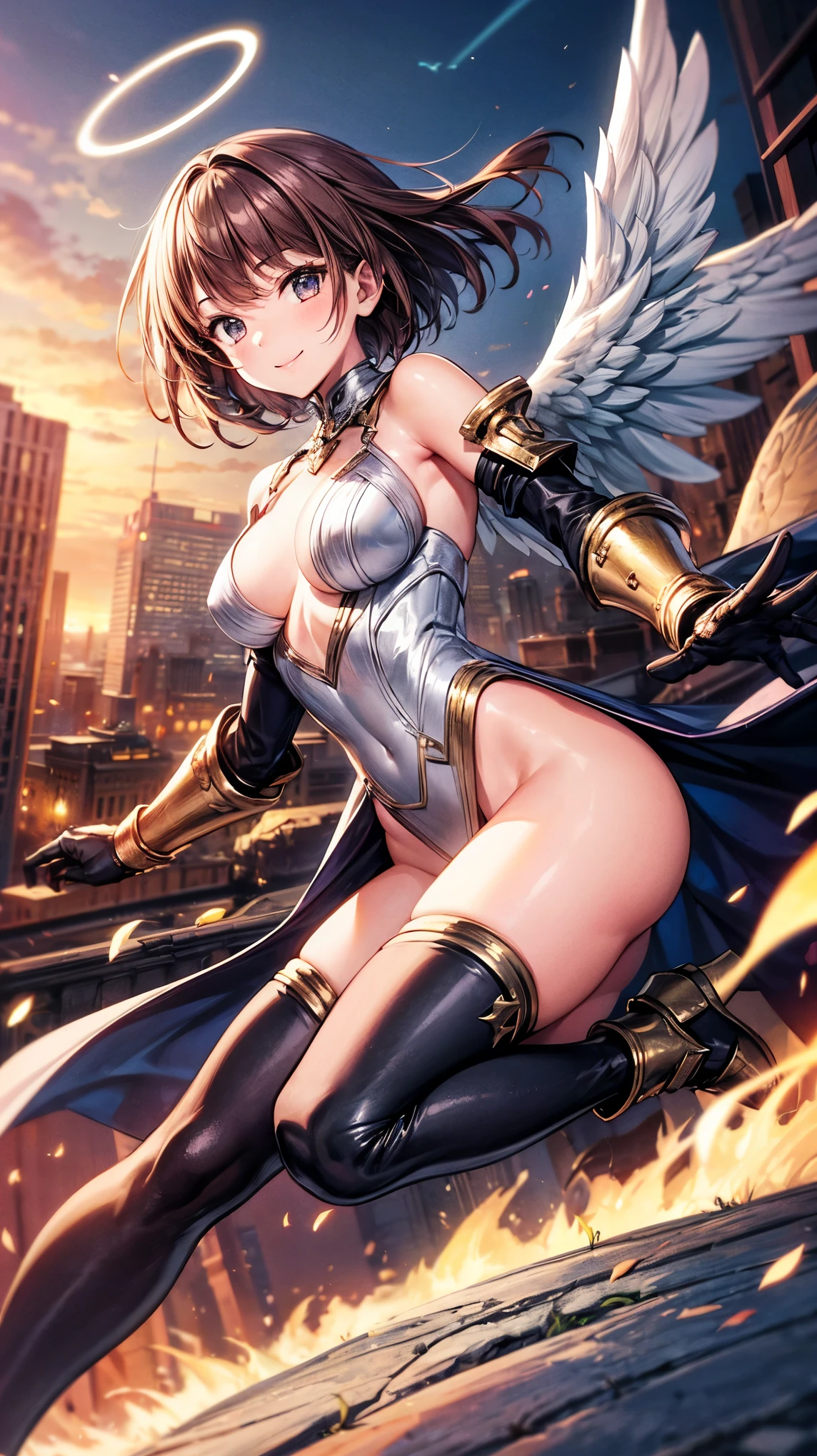 fantasy, 1angel_girl,(young_:1.5), ,brown_hair, medium_bob_hair, long_bangs, halo,bare_shoulder,thighhighs,silver_armor, waist_armor, large_breasts,1pair_wings, dynamic_pose_fighting,floating, bare_crotch, headgear,gauntlet, greaves,city_landscape_background,slightly_spread_legs, solo, groin_naked,smile