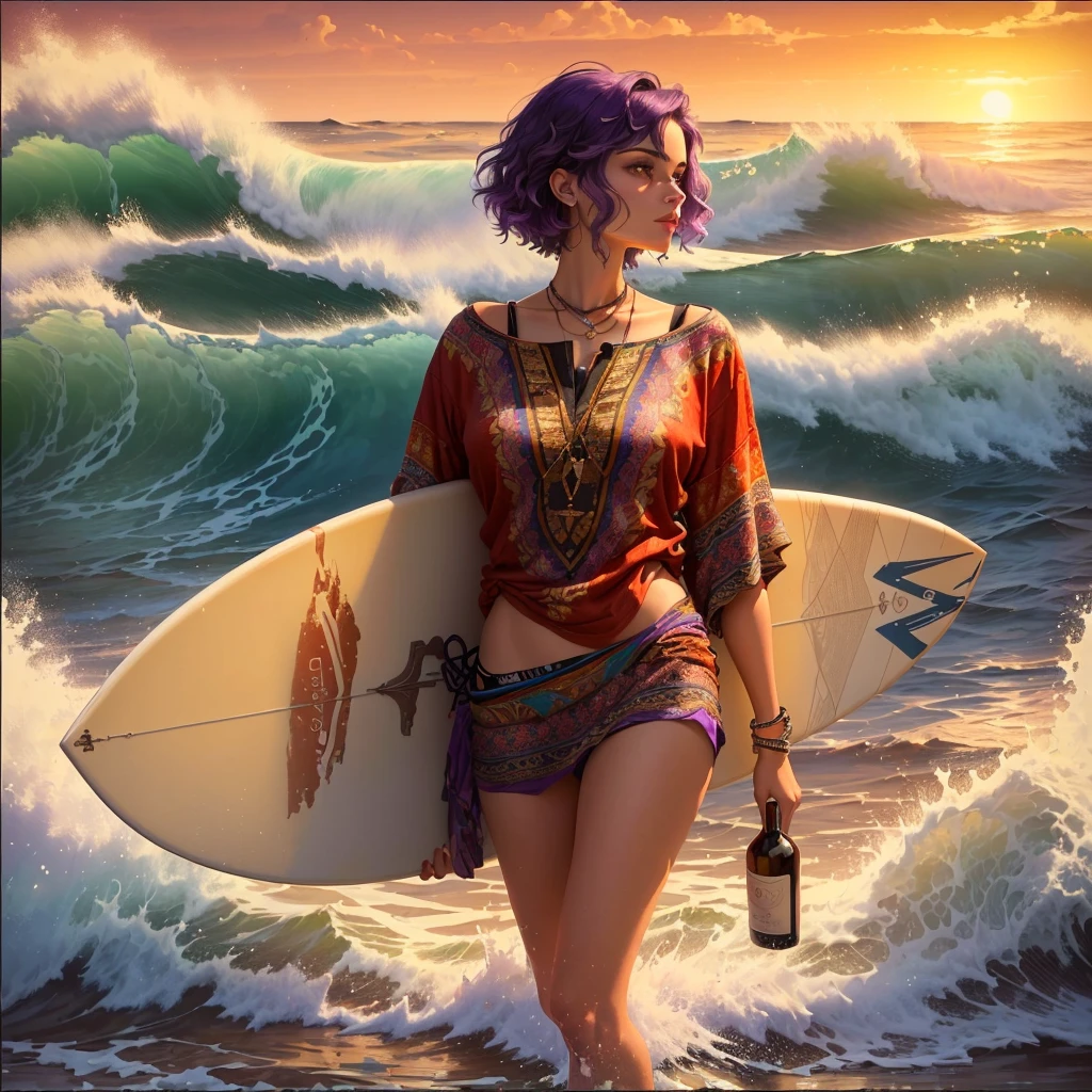 Imagine a painting showing a woman surfing on a board amidst the waves. The woman has Moroccan features, wearing a suitable surfing outfit with short swimming trunks and a long shirt in bright colors that match the colors of the waves. Her hair is short and dyed purple at the bottom, and she wears a ring in her nostril. As the strong waves catch the setting sun, the woman holds a bottle of wine in her hand and smokes a thin cigarette, a female cigarette. The board she is standing on stands out as a major element in the scene, emphasizing balance and dynamism.