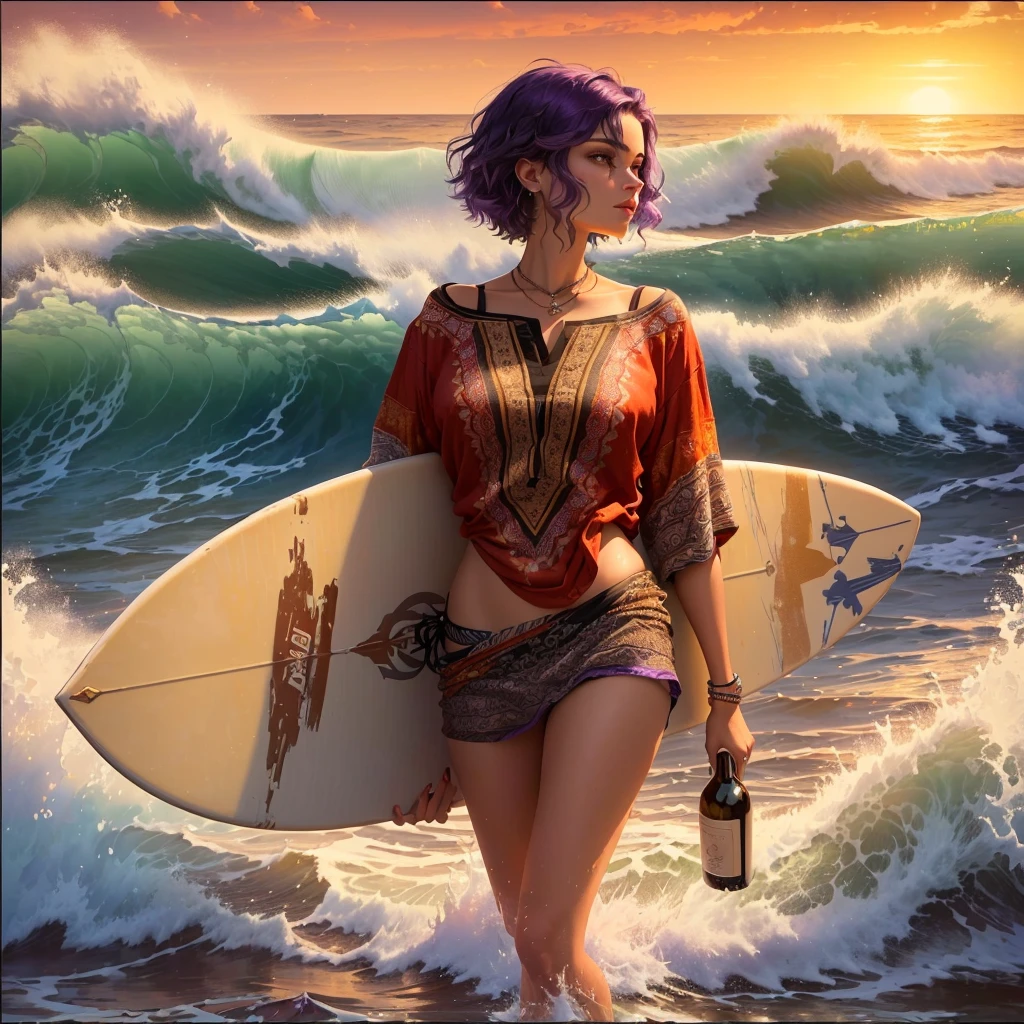 Imagine a painting showing a woman surfing on a board amidst the waves. The woman has Moroccan features, wearing a suitable surfing outfit with short swimming trunks and a long shirt in bright colors that match the colors of the waves. Her hair is short and dyed purple at the bottom, and she wears a ring in her nostril. As the strong waves catch the setting sun, the woman holds a bottle of wine in her hand and smokes a thin cigarette, a female cigarette. The board she is standing on stands out as a major element in the scene, emphasizing balance and dynamism.