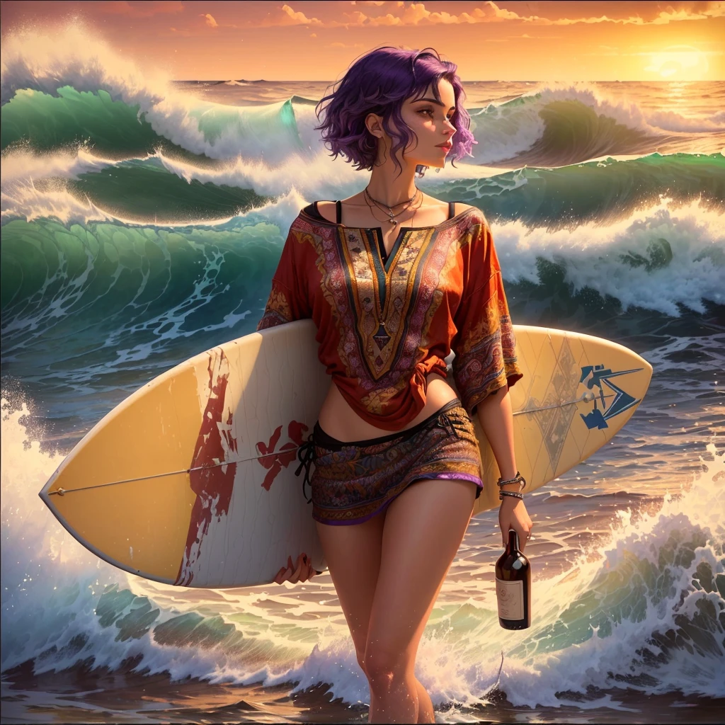 Imagine a painting showing a woman surfing on a board amidst the waves. The woman has Moroccan features, wearing a suitable surfing outfit with short swimming trunks and a long shirt in bright colors that match the colors of the waves. Her hair is short and dyed purple at the bottom, and she wears a ring in her nostril. As the strong waves catch the setting sun, the woman holds a bottle of wine in her hand and smokes a thin cigarette, a female cigarette. The board she is standing on stands out as a major element in the scene, emphasizing balance and dynamism.