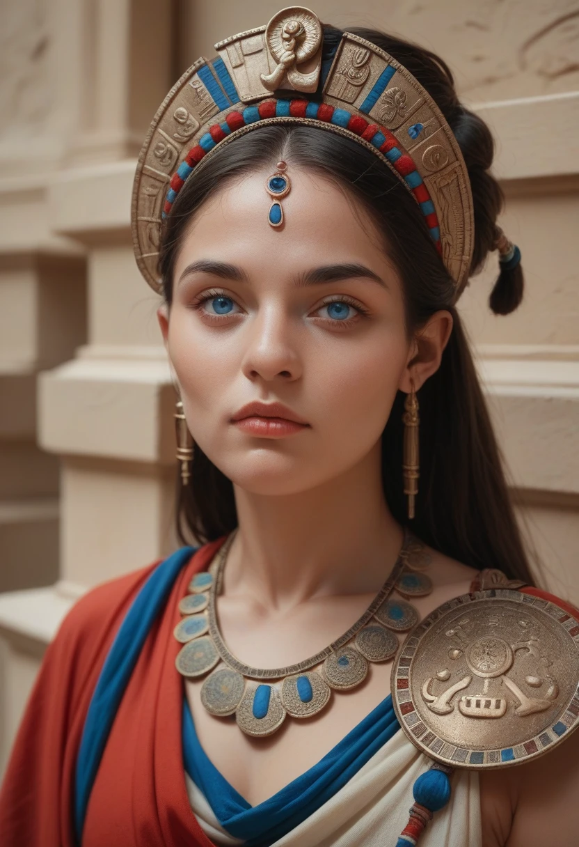 a one woman, straight hair, red and long, blue colored eyes, one meter and seventy tall, face with fine strokes, ancient nobility clothes
