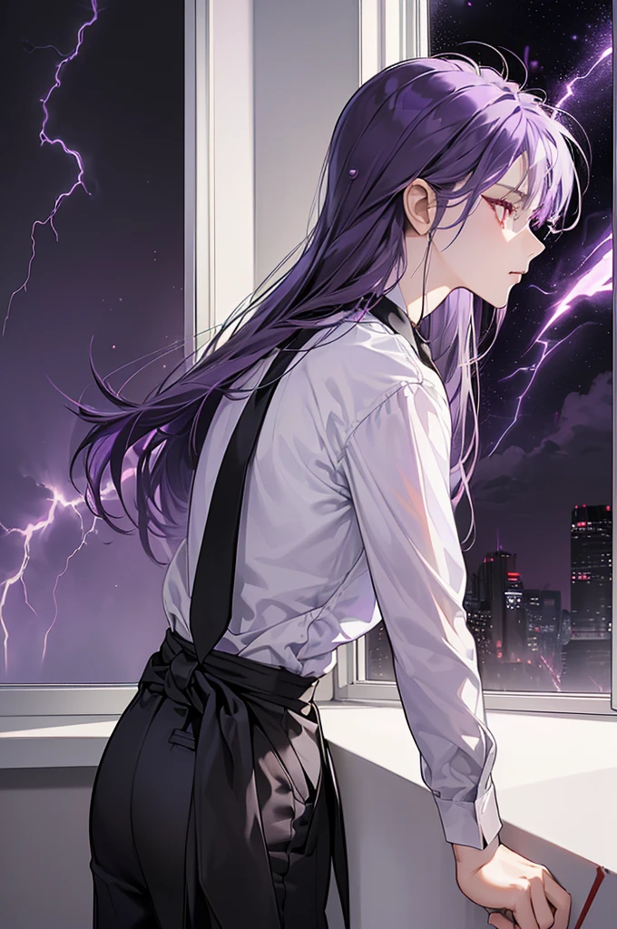 Close-up，A girl，Beautiful and glowing skin，((Deep purple hair （Red Eyes：1.4）(，black：1.2，），（at night：1.1），穿black风衣，black大衣，White shirt and black tie，black裤子，trousers，Waist-length hair，Purple Hair，Red eyes，Ultra-thin face，permanent，Standing by the window，Profile，Lightning bolt graffiti on chest，Purple lightning graffiti