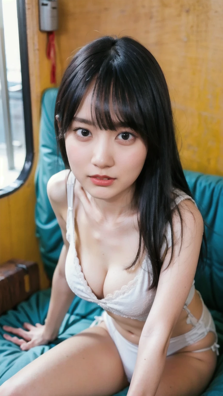 realistic photos of (1 cute Japanese star) flipped hair, natural makeup, (big breasts size), sexy erotic tiny string of G-string lingerie, at the train station, clear facial features of Canon EOS, 16k, high resolution, sharp and realistic details, overexposure, cut-in, UHD, high res, best quality, full body into knee, show skinny thighs, look at viewer, little smile.