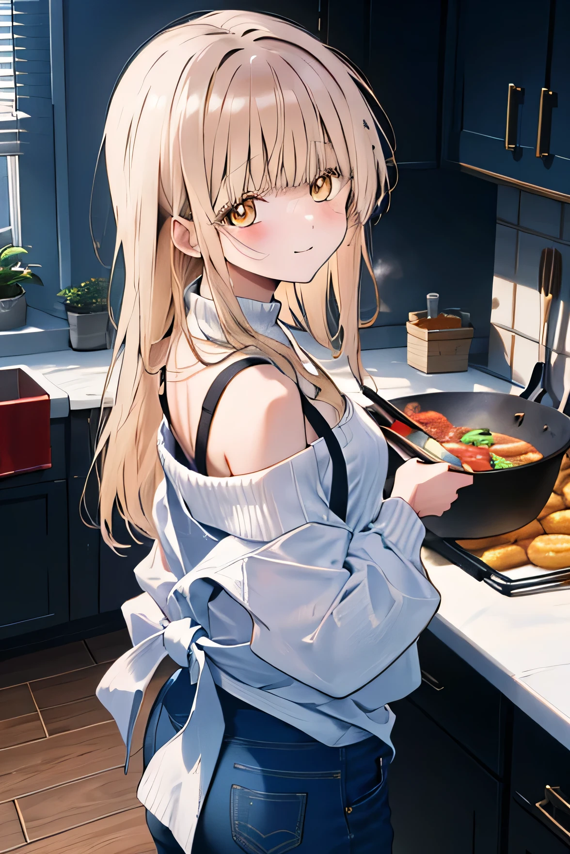 Masterpiece, anime coloring, ultra-detail, 8k, bionde, off-shoulder sweater, jeans, apron、from above、upper body、looking back、light smile、shy、detailed eyes、Long Hair、kitchen、Make a dish,Yellow Eyes、small butt、Are standing、Holding a frying pan