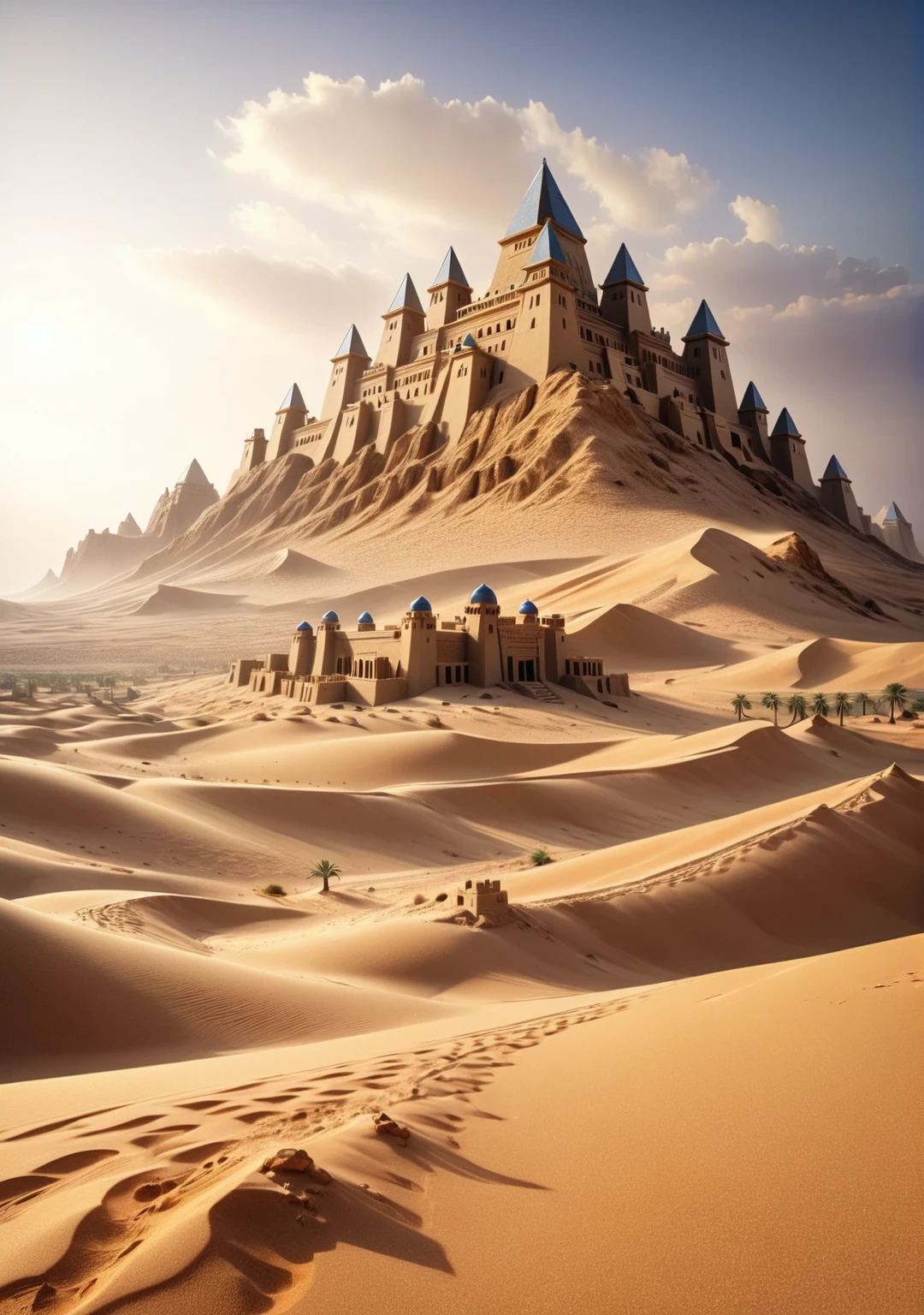 a beautiful scene from the Egyptian desert I see a beautiful castle made from the desert sand itself. full of details. beautiful to the eyes. award-winning art. 4k. hdr. realistic