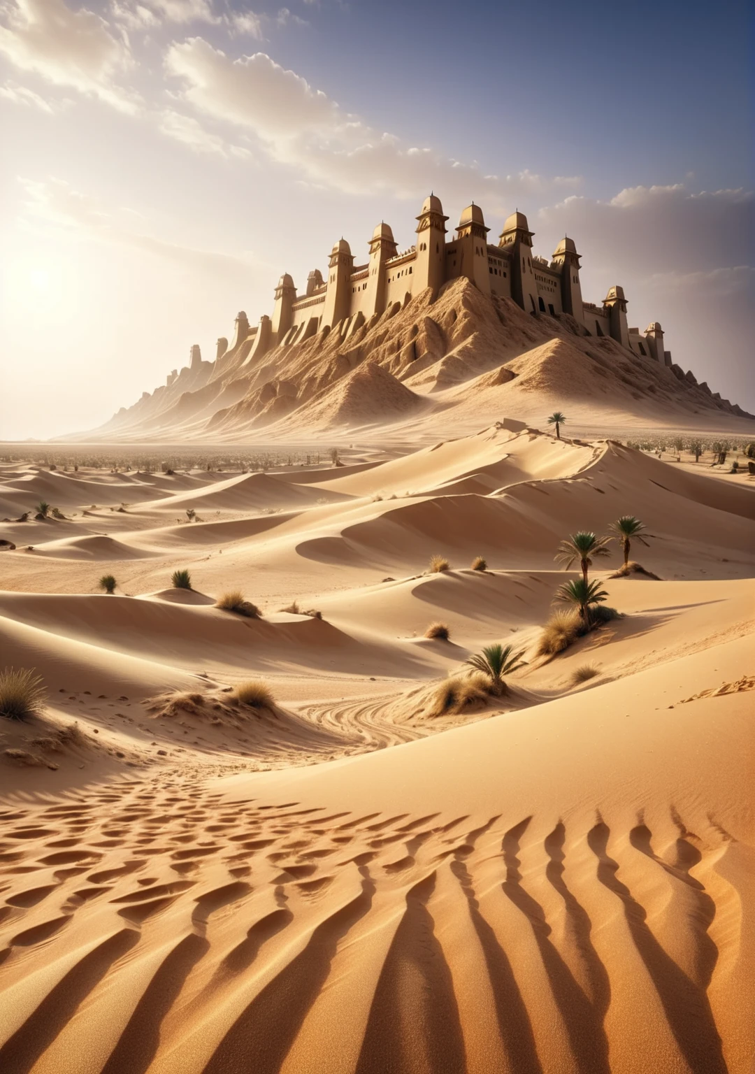 a beautiful scene from the Egyptian desert I see a beautiful castle made from the desert sand itself. full of details. beautiful to the eyes. award-winning art. 4k. hdr. realistic