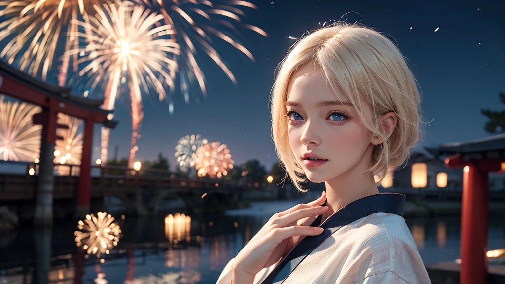 8k,Beautiful woman,White-blonde hair,Shortcuts,Blue Eyes,Summer Nights in Japan,firework