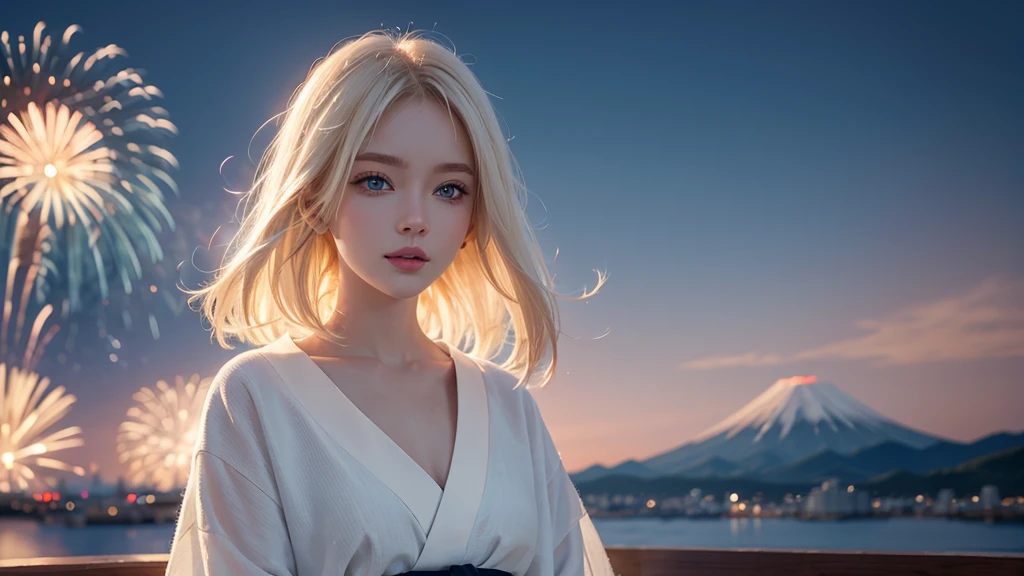 8k,Beautiful woman,White-blonde hair,Shortcuts,Blue Eyes,Summer Nights in Japan,firework