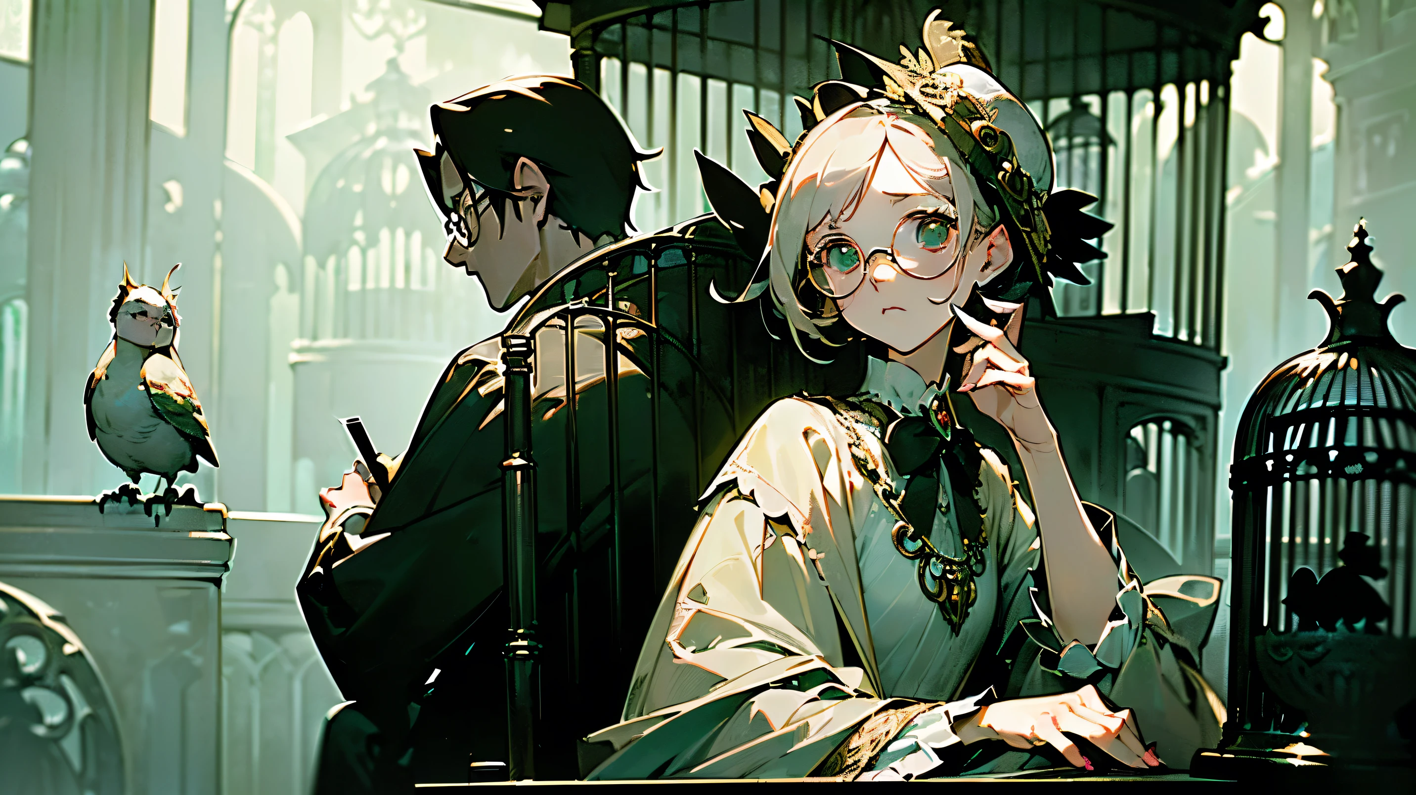 (((masterpiece,Highest quality))),((A woman wearing glasses and a gloomy expression sitting back to back in a large birdcage,Men with gloomy expressions sitting back to back in a large birdcage))),(((sitting back to back in a big birdcage))),((Gloomy Background)),high quality),