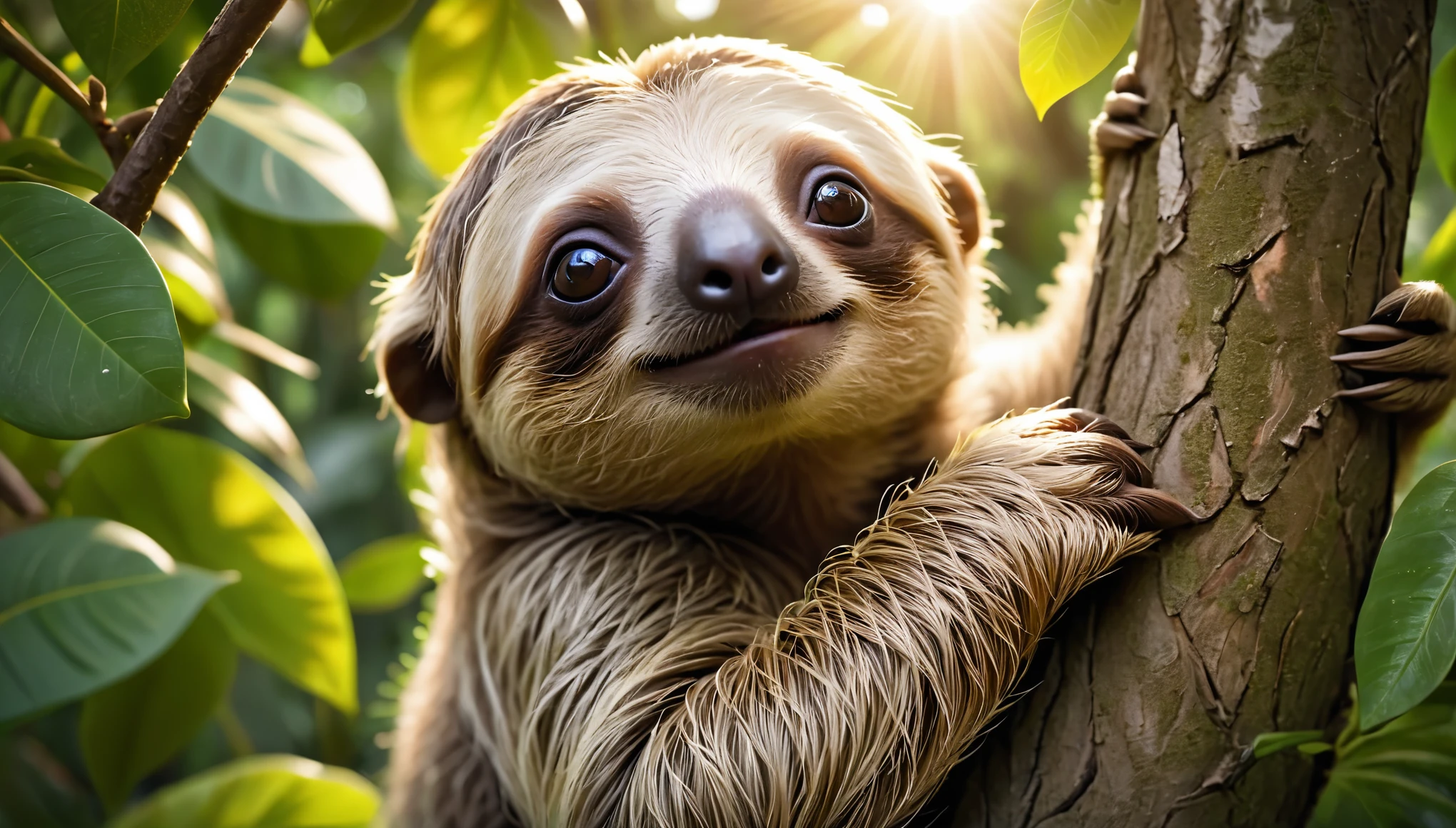 sloth, baby sloth, on a tree, detailed sloth face, intricate fur texture, lush green leaves, golden hour lighting, cinematic composition, highly detailed, photorealistic, 8K, (best quality, 4k, 8k, highres, masterpiece:1.2), ultra-detailed, (realistic, photorealistic, photo-realistic:1.37), natural environment, beautiful lighting, vibrant colors, soft focus, depth of field, serene atmosphere