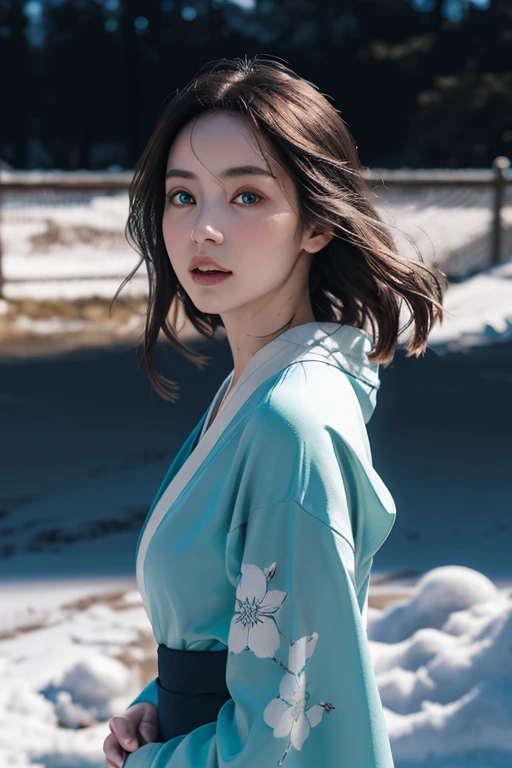 A beautiful woman, kimono that does not expose much of her skin.,(((In the moonlight of a blizzard, a woman looking good in a kimono with Japanese pattern,Floral scrunchie.))),Full-body photography from the ceiling,best image quality,professional angle of view,Exceptional detail,Super high resolution,realistic:1.4),high detail,focus on details,1girl concentrated in high concentration,long hair,delicate and beautiful face,The best smile with raised eyebrows and corners of the mouth,((glowing glass eyes)),
