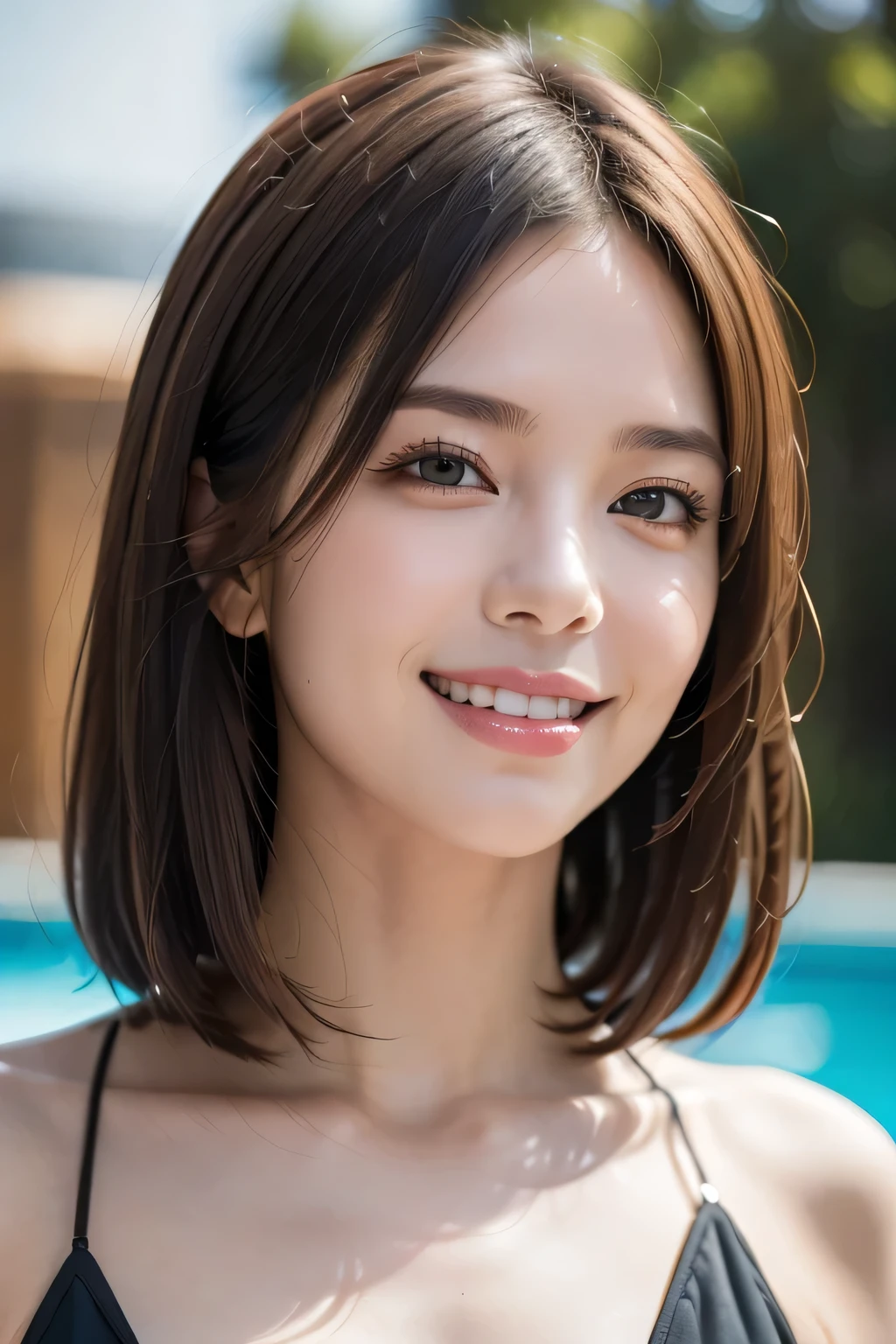 ((8k, RAW Photos, Highest quality, masterpiece, Realistic, Realistic)), (1 female), (The ultimate beautiful middle-aged woman), Highly detailed face, (Perfect Teeth), Beautiful Eyes, double eyelid, eyelash, grin, Lip details, Brunette Bob, The light shines on your face, ((Big Breasts)), ((Green string bikini)), ((Cowboy Shot)), (background: Poolside), ((Written boundary depth))