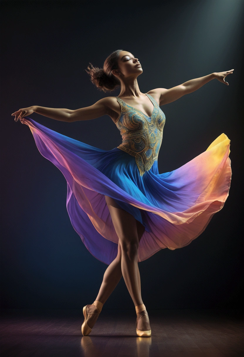 (Ultra-realistic Dancer), in the style of neon lights, studio photography, lithograph, photo taken with provia, sharpen lens, captivating chiaroscuro, dynamic movement, (special effects:0.1), full body, award-winning, cinematic still, emotional, vignette, dynamic, vivid, (masterpiece, best quality, photorealistic, Professional, perfect composition, very aesthetic, absurdres, ultra-detailed, intricate details:1.3)