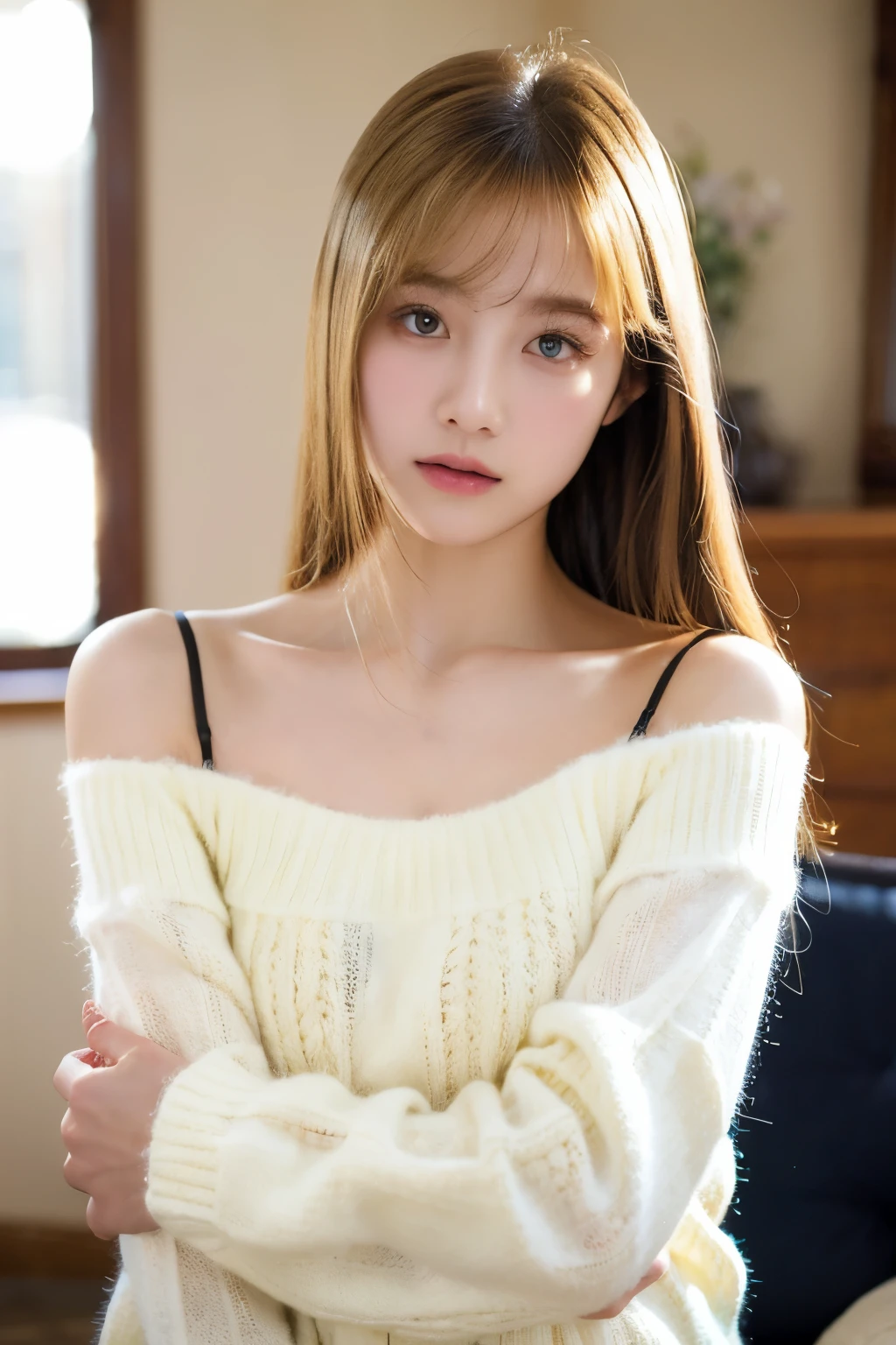 (Best quality, masterpiece), 1girl, pose, particles, wind, upper body, looking at the audience, blonde, milky way, aesthetic, in the living room, ultra-realistic, extremely detailed, (solo focus), off shoulder, long sleeved clothes, black underware 
