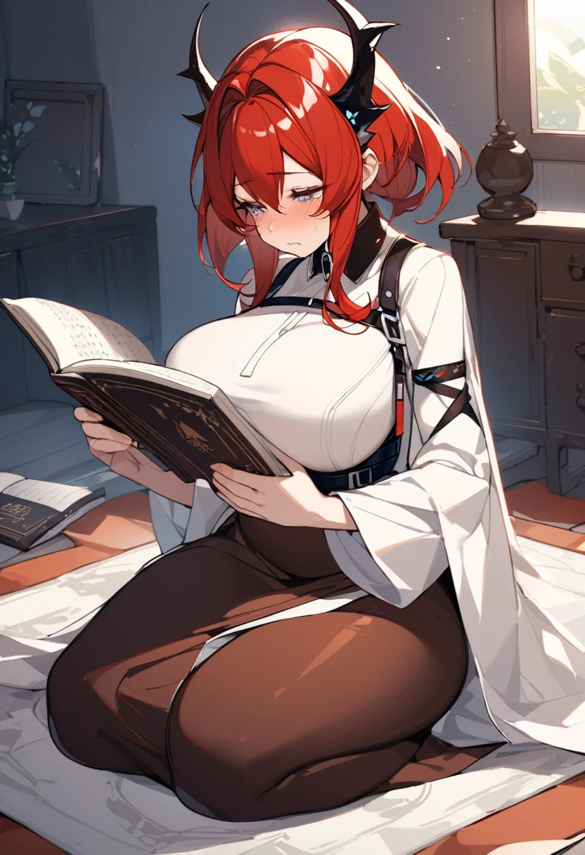 Surtr(Arknights),red hair,curvy body,wears Muslim dress,big breast,nsfw,praying in bedroom,sitting on a prayer mat,crying, reading Qur'an.