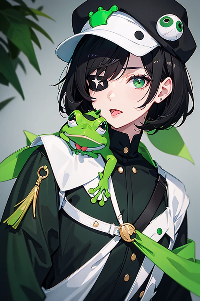 short black hair, white and black eye patch and a dark green cap with a frog showing its tongue and a green and black x-shaped blouse