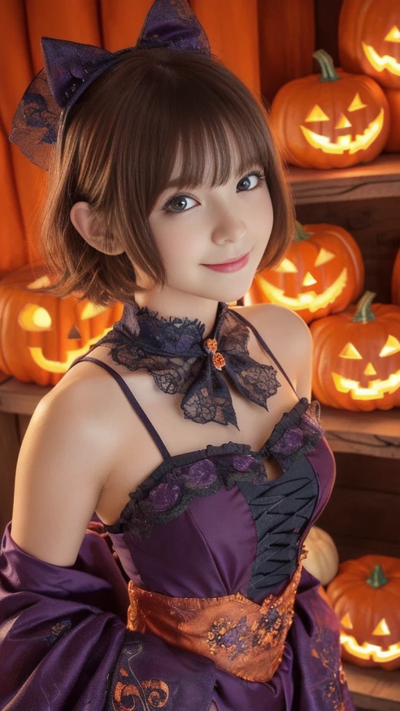 ((from below,upper body),a 25 years old girl, detailed cutie face, beautiful detailed eyes, detailed dropped eyes, beautiful charming smile, extremely detailed face,slender body,short hair,anime style, halloween costume:2.0), Highres fix,colorful lights, pumpkin decorations, haunted house, best quality, 4k, highres, masterpiece, realistic, photorealistic, photo-realistic, vivid colors, intricate details, fantasy, soft lighting, magical