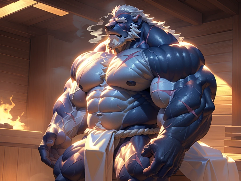 huge muscular old man soaking in an sauna, white and short hair, white beard, old, old man, grandpa, , huge scar on chest, , (huge muscular), steam, detailed muscles, 8k, masterpiece:1.2, hyperrealistic, white fundoshi:1.2, highly detailed full body, ((really big muscle, massive muscular, sixpack, thick arms, wide pectoral, super huge muscle, huge shoulder, hyper muscular, floating steam, over sized muscle, huge arms, big arms, huge pectoral)), rich colors, landscape, soft ambient lighting, wrinkled skin, happy expression, peaceful relaxation