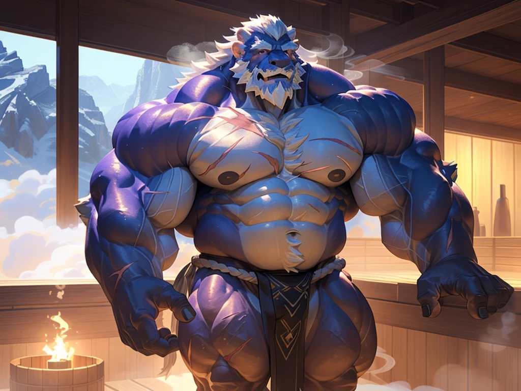 huge muscular old man soaking in an sauna, white and short hair, white beard, old, old man, grandpa, , huge scar on chest, , (huge muscular), steam, detailed muscles, 8k, masterpiece:1.2, hyperrealistic, white fundoshi:1.2, highly detailed full body, ((really big muscle, massive muscular, sixpack, thick arms, wide pectoral, super huge muscle, huge shoulder, hyper muscular, floating steam, over sized muscle, huge arms, big arms, huge pectoral)), rich colors, landscape, soft ambient lighting, wrinkled skin, happy expression, peaceful relaxation