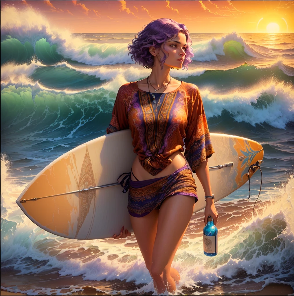painting of a woman walking on the beach with a surfboard, style of tim hildebrandt, by Tim Hildebrandt, inspired by Tim Hildebrandt, greg hildebrandt highly detailed, casey weldon, lsd waves, by Tim and Greg Hildebrandt, michael cheval (unreal engine, by Greg Hildebrandt, 8 0's style tomasz alen kopera Imagine a painting showing a woman surfing on a board amidst the waves. The woman has Moroccan features, wearing a suitable surfing outfit with short swimming trunks and a long shirt in bright colors that match the colors of the waves. Her hair is short and dyed purple at the bottom, and she wears a ring in her nostril. As the strong waves catch the setting sun, the woman holds a bottle of wine in her hand and smokes a thin cigarette, a female cigarette. The board she is standing on stands out as a major element in the scene, emphasizing balance and dynamism.