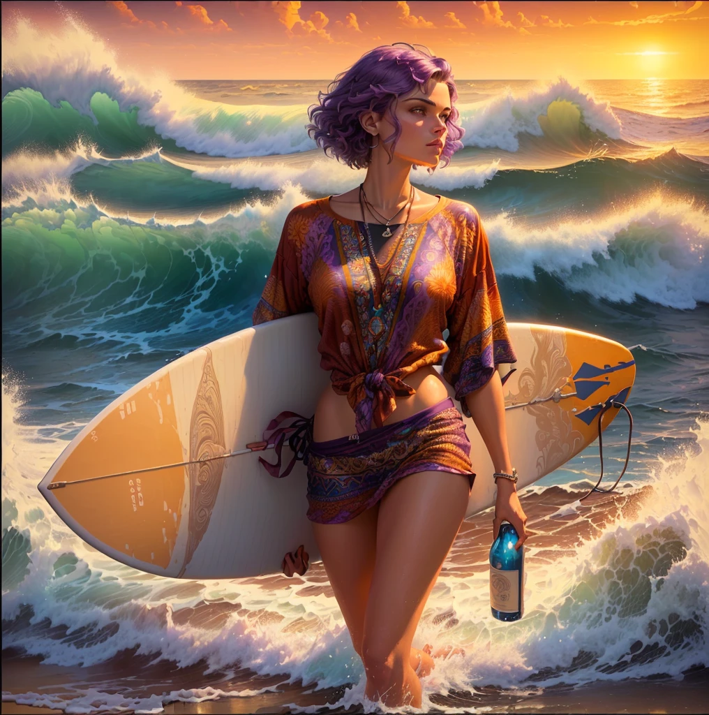 painting of a woman walking on the beach with a surfboard, style of tim hildebrandt, by Tim Hildebrandt, inspired by Tim Hildebrandt, greg hildebrandt highly detailed, casey weldon, lsd waves, by Tim and Greg Hildebrandt, michael cheval (unreal engine, by Greg Hildebrandt, 8 0's style tomasz alen kopera Imagine a painting showing a woman surfing on a board amidst the waves. The woman has Moroccan features, wearing a suitable surfing outfit with short swimming trunks and a long shirt in bright colors that match the colors of the waves. Her hair is short and dyed purple at the bottom, and she wears a ring in her nostril. As the strong waves catch the setting sun, the woman holds a bottle of wine in her hand and smokes a thin cigarette, a female cigarette. The board she is standing on stands out as a major element in the scene, emphasizing balance and dynamism.