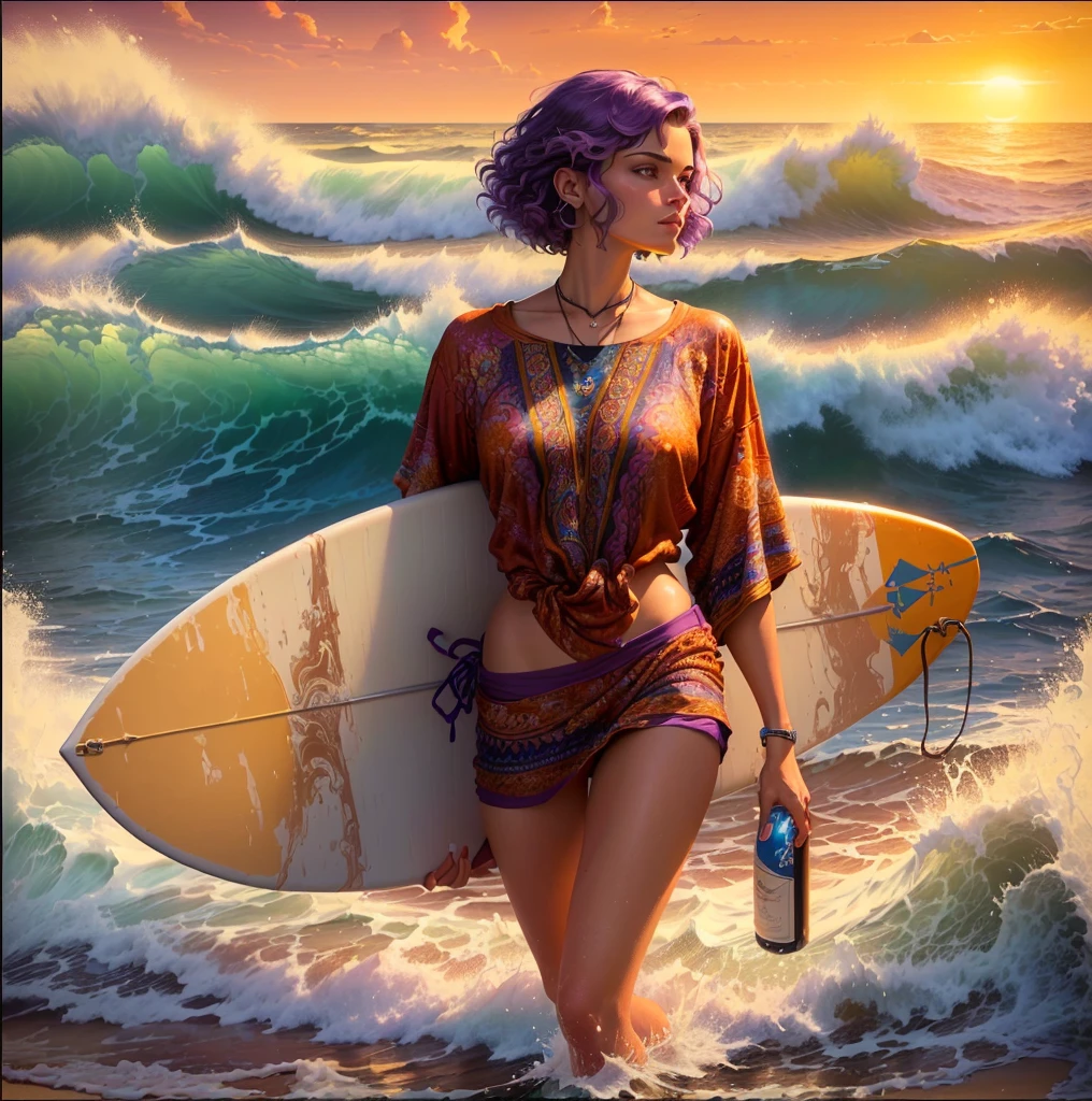 painting of a woman walking on the beach with a surfboard, style of tim hildebrandt, by Tim Hildebrandt, inspired by Tim Hildebrandt, greg hildebrandt highly detailed, casey weldon, lsd waves, by Tim and Greg Hildebrandt, michael cheval (unreal engine, by Greg Hildebrandt, 8 0's style tomasz alen kopera Imagine a painting showing a woman surfing on a board amidst the waves. The woman has Moroccan features, wearing a suitable surfing outfit with short swimming trunks and a long shirt in bright colors that match the colors of the waves. Her hair is short and dyed purple at the bottom, and she wears a ring in her nostril. As the strong waves catch the setting sun, the woman holds a bottle of wine in her hand and smokes a thin cigarette, a female cigarette. The board she is standing on stands out as a major element in the scene, emphasizing balance and dynamism.