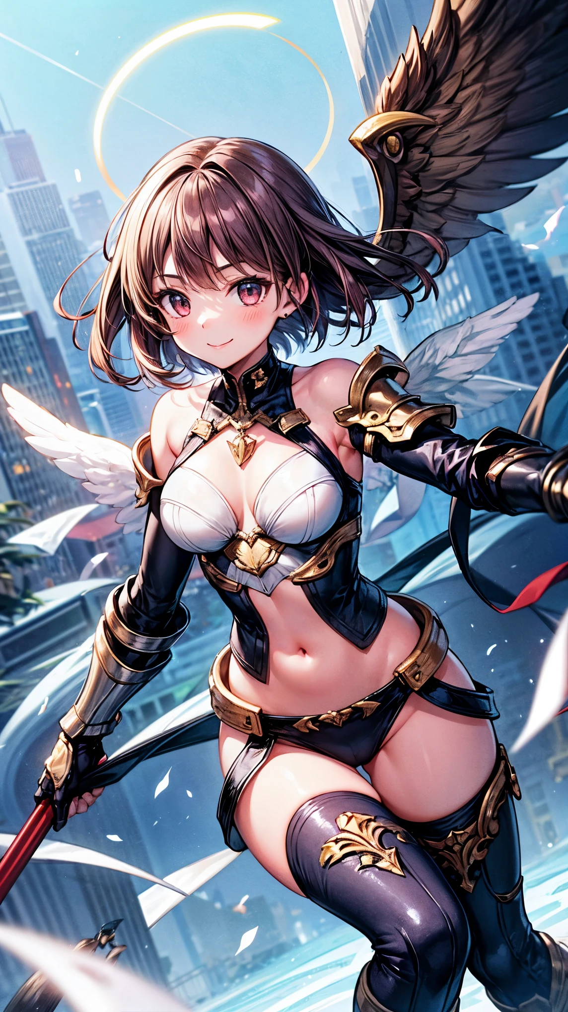 fantasy, 1angel_girl,(_teen:, ,brown_hair, medium_bob_hair, long_bangs, halo,bare_shoulder,thighhighs,silver_armor, waist_armor, large_breasts,1pair_wings, dynamic_pose_fighting,floating, bare_crotch, headgear,gauntlet, greaves,city_landscape_background,slightly_spread_legs, solo, groin_naked,smile