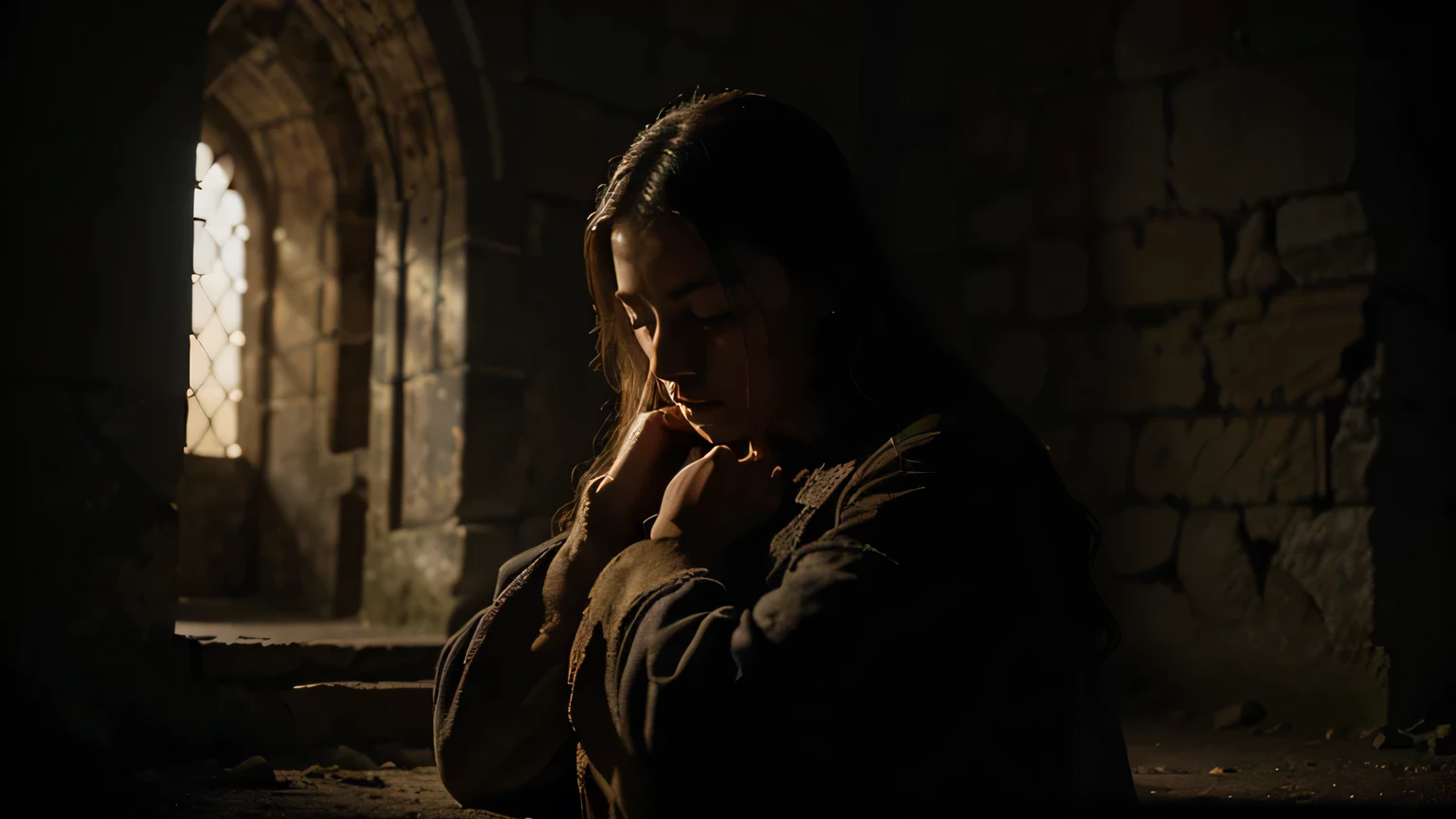 A sad, beautiful girl praying on her knees,crying,with blue eyes,wearing old,worn brown clothes,in front of ancient stone walls from the 1st century AD,dramatic poor lighting,(best quality,8k,highres,masterpiece:1.2),ultra-detailed,(realistic,photorealistic,photo-realistic:1.37),hyperrealistic,dramatic mood,melancholic,chiaroscuro lighting,emotive,emotional,religious,spiritual,moody,somber,cinematic,digital painting