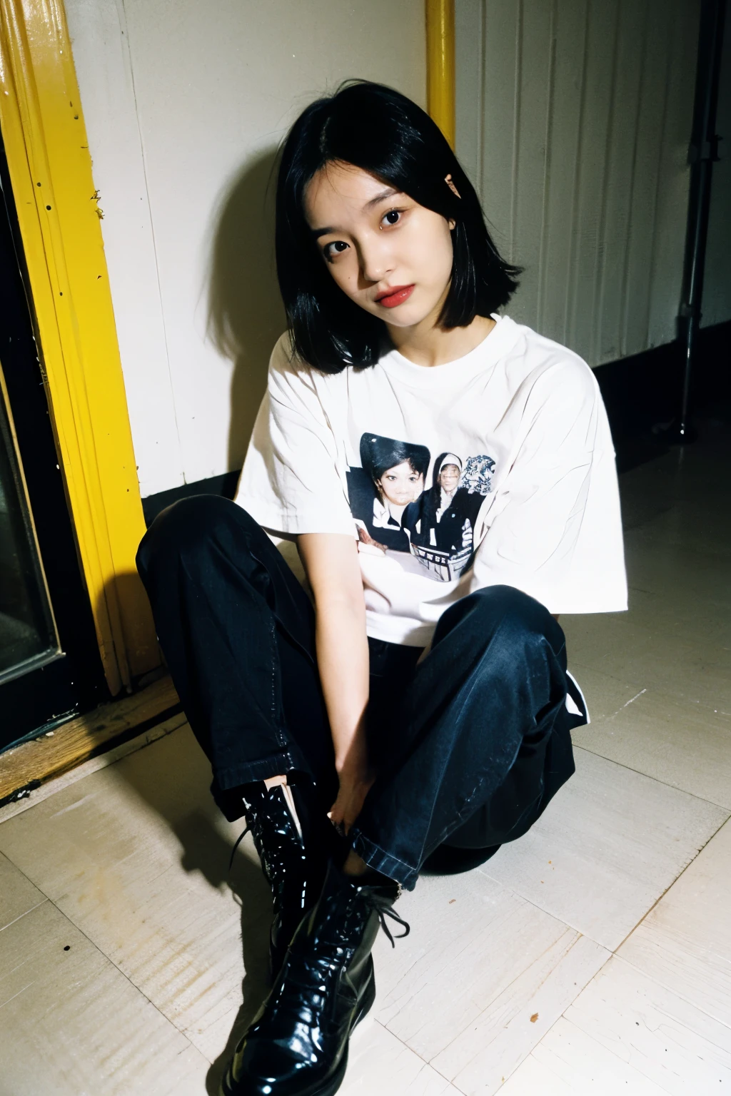 arafed woman sitting on the floor with a magazine and a pair of black boots, wearing BLACK REGULAR SIZE TSHIRT, NOT OVERSIZE, japanese streetwear, outlive streetwear collection, h. u. d, cyberpunk streetwear, she is wearing streetwear, with ripped crop t - shirt, casual clothing style, with pop punk style, grunge aesthetic!!!, woman in streetwear, e-girl, e - girl