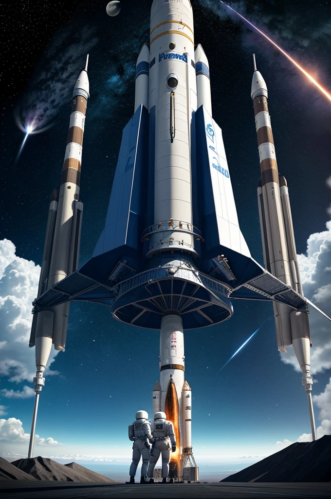 A rocket stands, two men in space suits in front of it, about to push the rocket to the moon. There is moon in the sky, 2d drawing