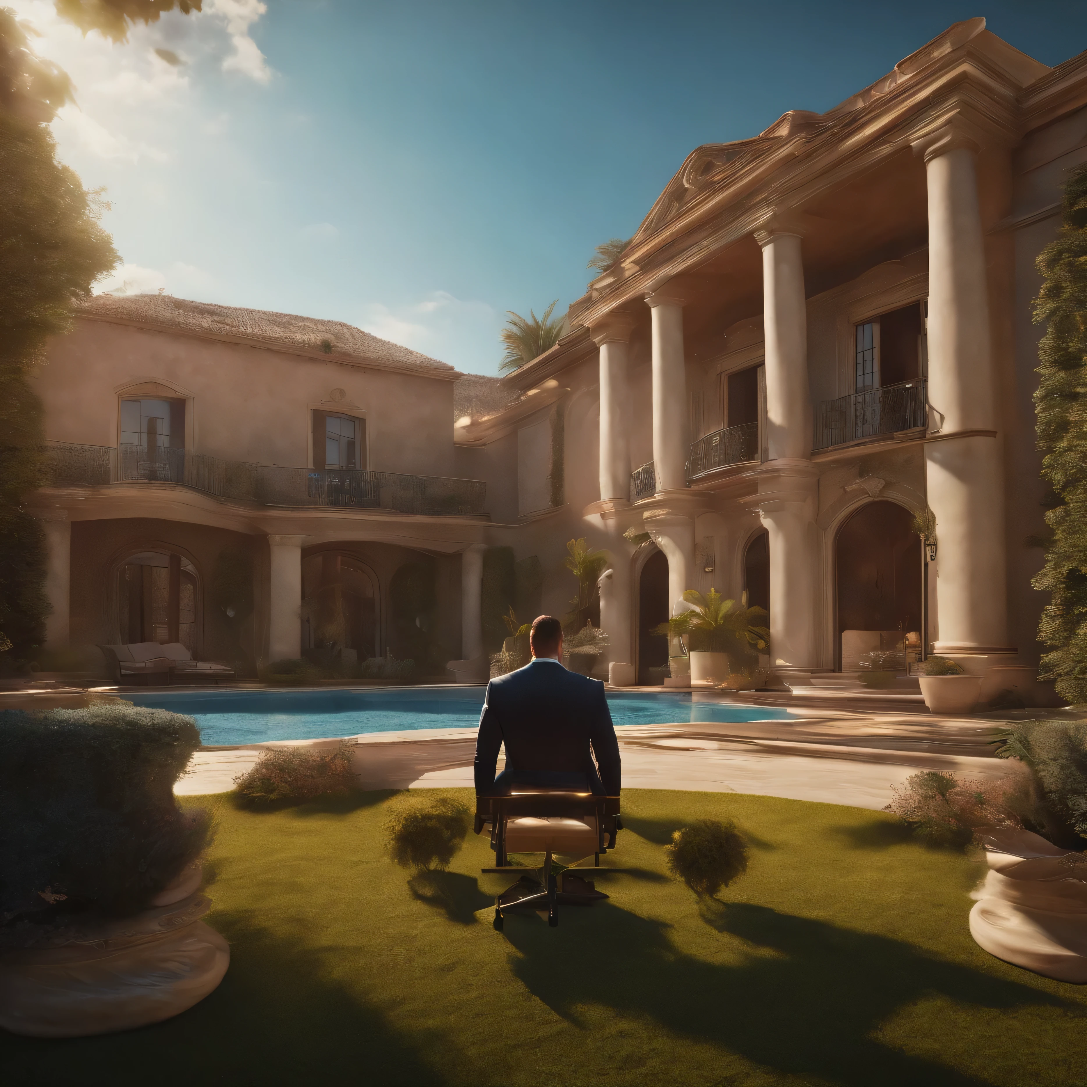 Create a Si-Fi image, Muscle man, playing videogames, Lying face down on the living room carpet in front of the big 8k HD TV Realistic Resolution, have on a suit of a sniper elite, aerial front view, background a luxurious mansion 