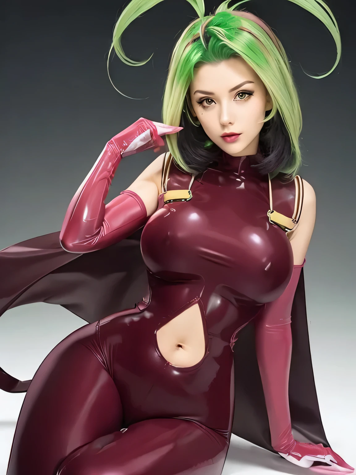 Green hair, tight red latex suit, pink latex gloves, yellow eyes, sitting on ground