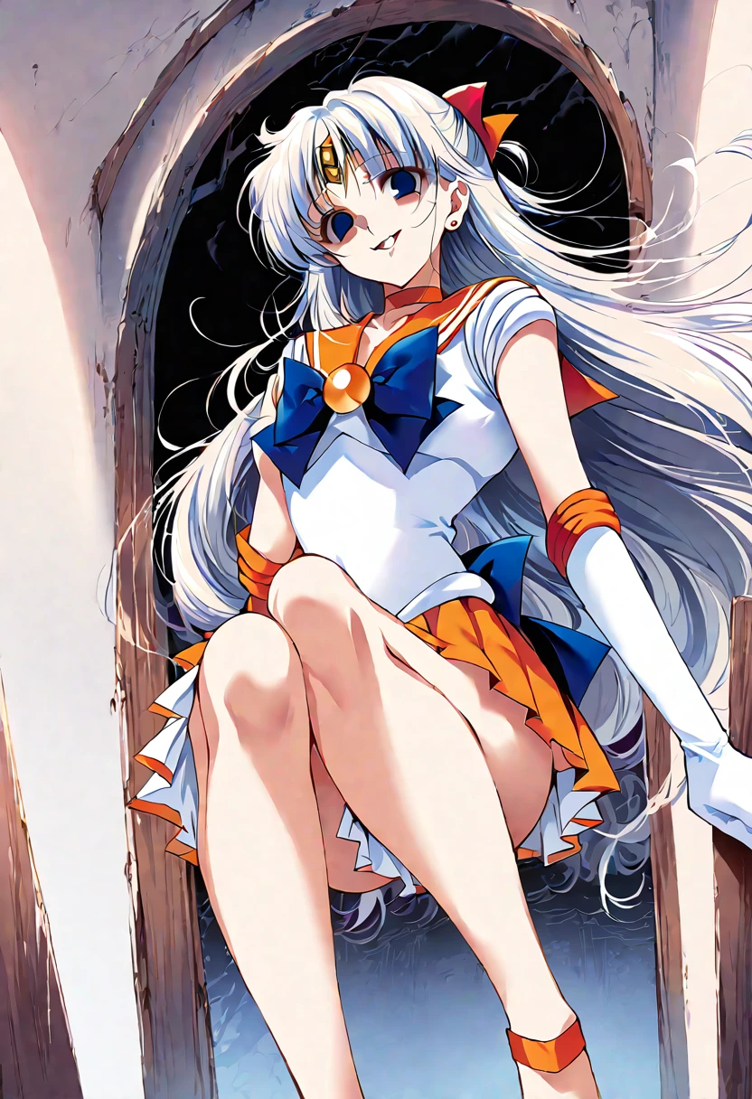 (masterpiece, Highest quality, so beautiful, Super detailed), Intricate details, 12k, Honestly,aavenus, long hair, blonde hair, hair bow, tiara, earrings, blue eyes, orange choker, orange sailor collar, blue bow, white shirt, elbow gloves, white gloves, pleated skirt, orange skirt, bare legs, standing, Cowboy Shot,,(evil smile:1.2), 1girl,(Silver Hair:1.4),(empty eyes,:1.4),from below,looking dawn,dark aura,View your viewers