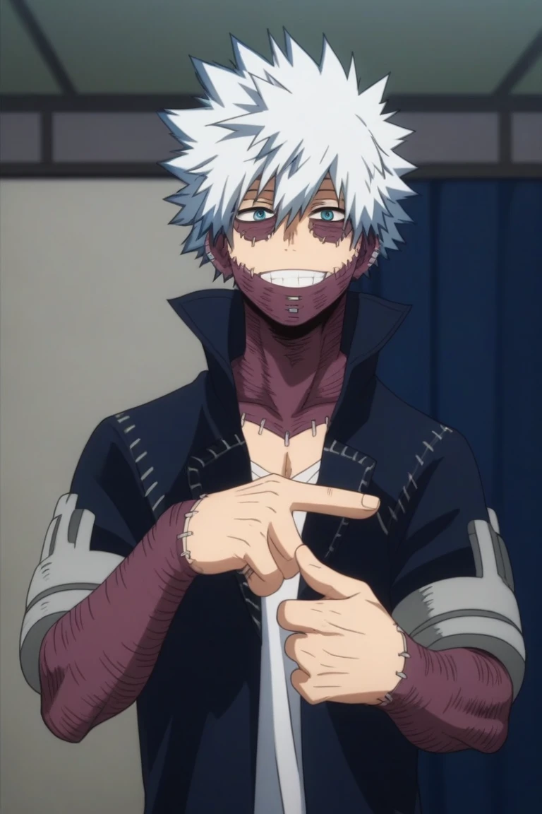 score_9, score_8_up, score_7_up, source_anime, rating_safe, intricate details, anime screencap, , official style, looking at viewer, depth of field, 1boy, solo, male focus, dabi_bnha, white hair, blue eyes, short hair, spiked hair, hair between eyes, bangs, scar, burn scar, scar on face, piercing, stitches, , teeth, smile, , focused, apartment, dark, pointing, laughing, , different angle