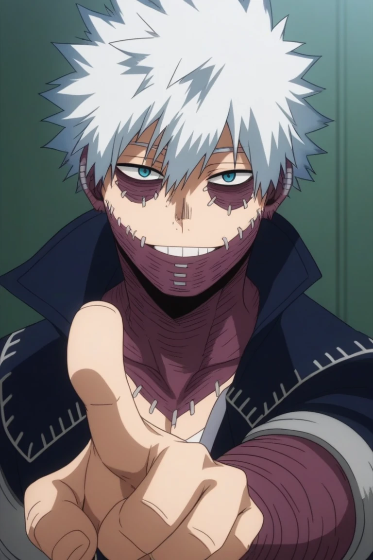 score_9, score_8_up, score_7_up, source_anime, rating_safe, intricate details, anime screencap, , official style, looking at viewer, depth of field, 1boy, solo, male focus, dabi_bnha, white hair, blue eyes, short hair, spiked hair, hair between eyes, bangs, scar, burn scar, scar on face, piercing, stitches, , teeth, smile, , focused, apartment, dark, pointing, laughing, , different angle