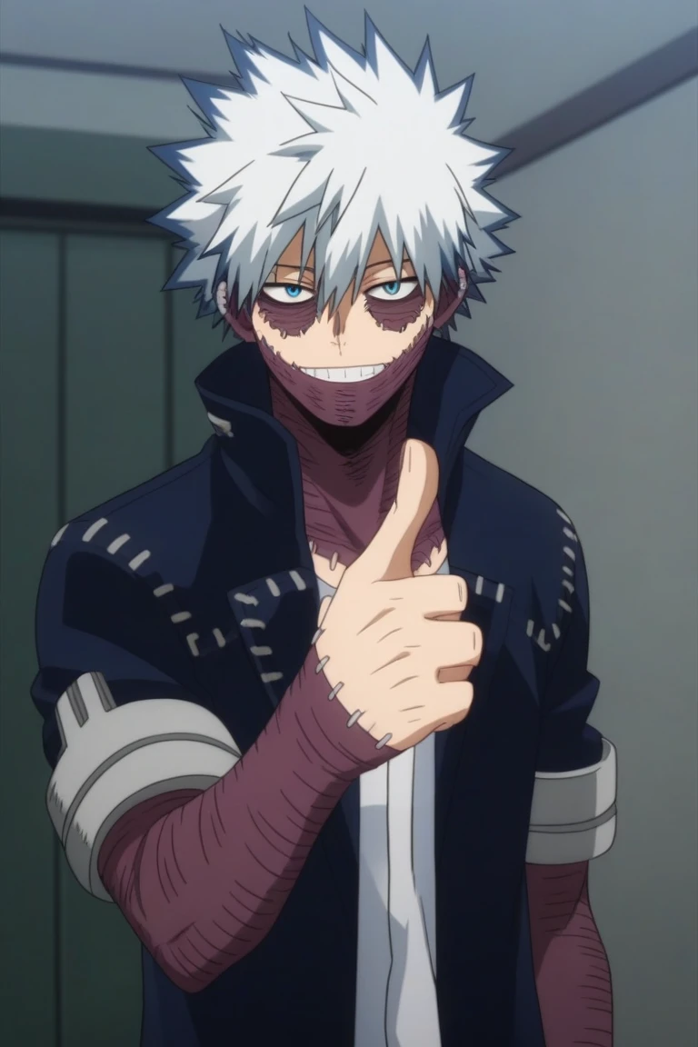 score_9, score_8_up, score_7_up, source_anime, rating_safe, intricate details, anime screencap, , official style, looking at viewer, depth of field, 1boy, solo, male focus, dabi_bnha, white hair, blue eyes, short hair, spiked hair, hair between eyes, bangs, scar, burn scar, scar on face, piercing, stitches, , teeth, smile, , focused, apartment, dark, pointing, laughing, , different angle