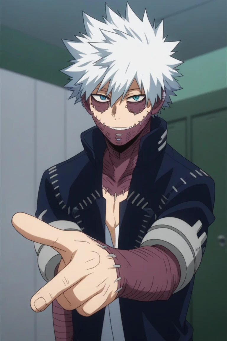 score_9, score_8_up, score_7_up, source_anime, rating_safe, intricate details, anime screencap, , official style, looking at viewer, depth of field, 1boy, solo, male focus, dabi_bnha, white hair, blue eyes, short hair, spiked hair, hair between eyes, bangs, scar, burn scar, scar on face, piercing, stitches, , teeth, smile, , focused, apartment, dark, pointing, laughing, , different angle