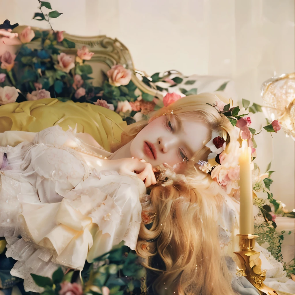 Arafed woman lying on a bed with a bouquet of flowers., many Merlot, portrait of elle fanning, rococo style portrait, Elle Fanning), refined editorial photography, Sleeping Beauty Fairy Tale, Elle Fanning, Rococo queen, dreamy and ethereal, lovely languid princess, ethereal fairy tale, pale skin curly blonde hair, lying on roses, romanticism portrait