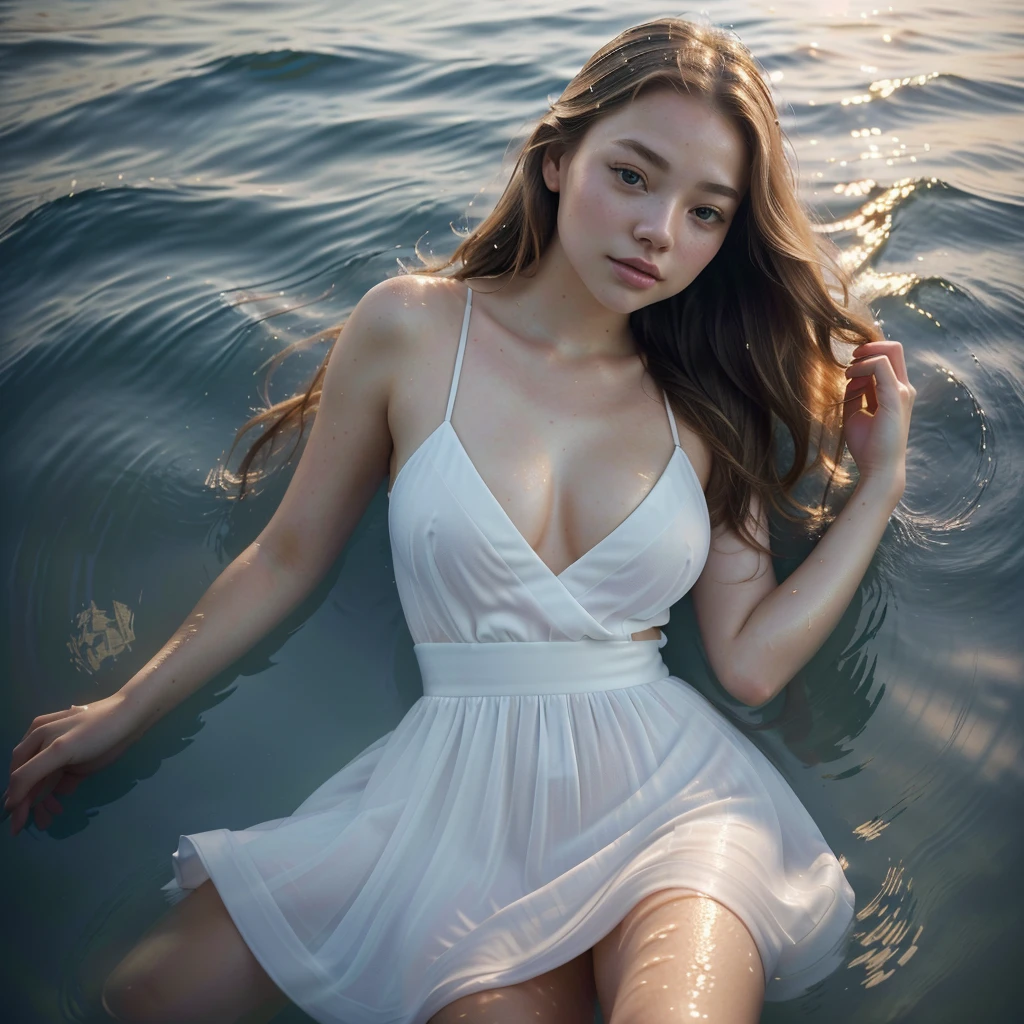 a close up of a woman in a white dress in the water, sydney sweeney, ethereal beauty, soft light from the side, gorgeous woman, photo of a beautiful woman, beautiful model girl, soft sunset lighting, beautiful girl model, by Han Gan, beautiful model, gorgeous beautiful woman, beautiful blonde girl, gorgeous lady, a stunning young ethereal figure, sexy girl