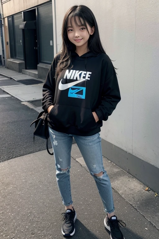 a happy girl, with a  Shirt, a black sweatshirt, a pair of blue jeans, black shoes with Nike branding and a black backpack