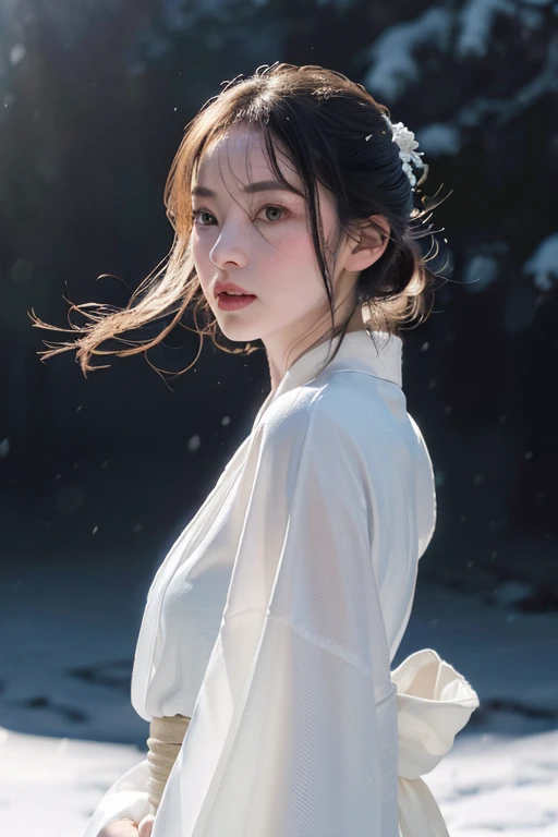 A beautiful woman, kimono that does not expose much of her skin.,(((In the moonlight of a blizzard, a woman looking good in a kimono with Japanese pattern,Floral scrunchie.))),Full-body photography from the ceiling,best image quality,professional angle of view,Exceptional detail,Super high resolution,realistic:1.4),high detail,focus on details,1girl concentrated in high concentration,long hair,delicate and beautiful face,The best smile with raised eyebrows and corners of the mouth,((glowing glass eyes)),
